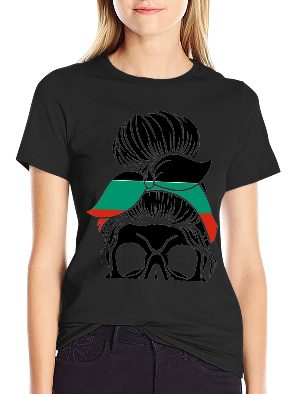 Messy Bun Skull T-Shirt - Stylish & Edgy