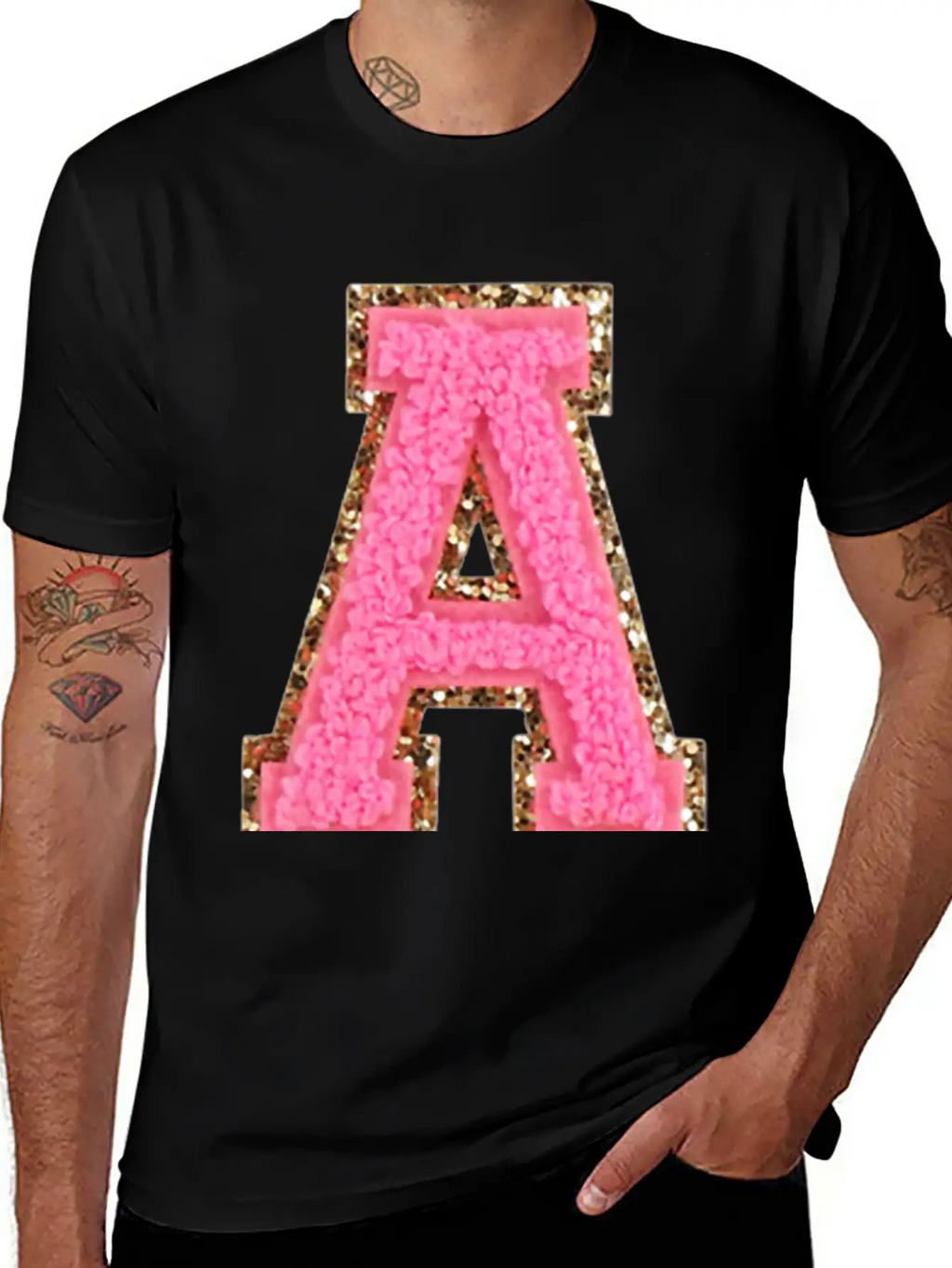 A Bubblegum Glitter Varsity Letter Patches Modern Fit Casual T-Shirt – Clean And Versatile Design
