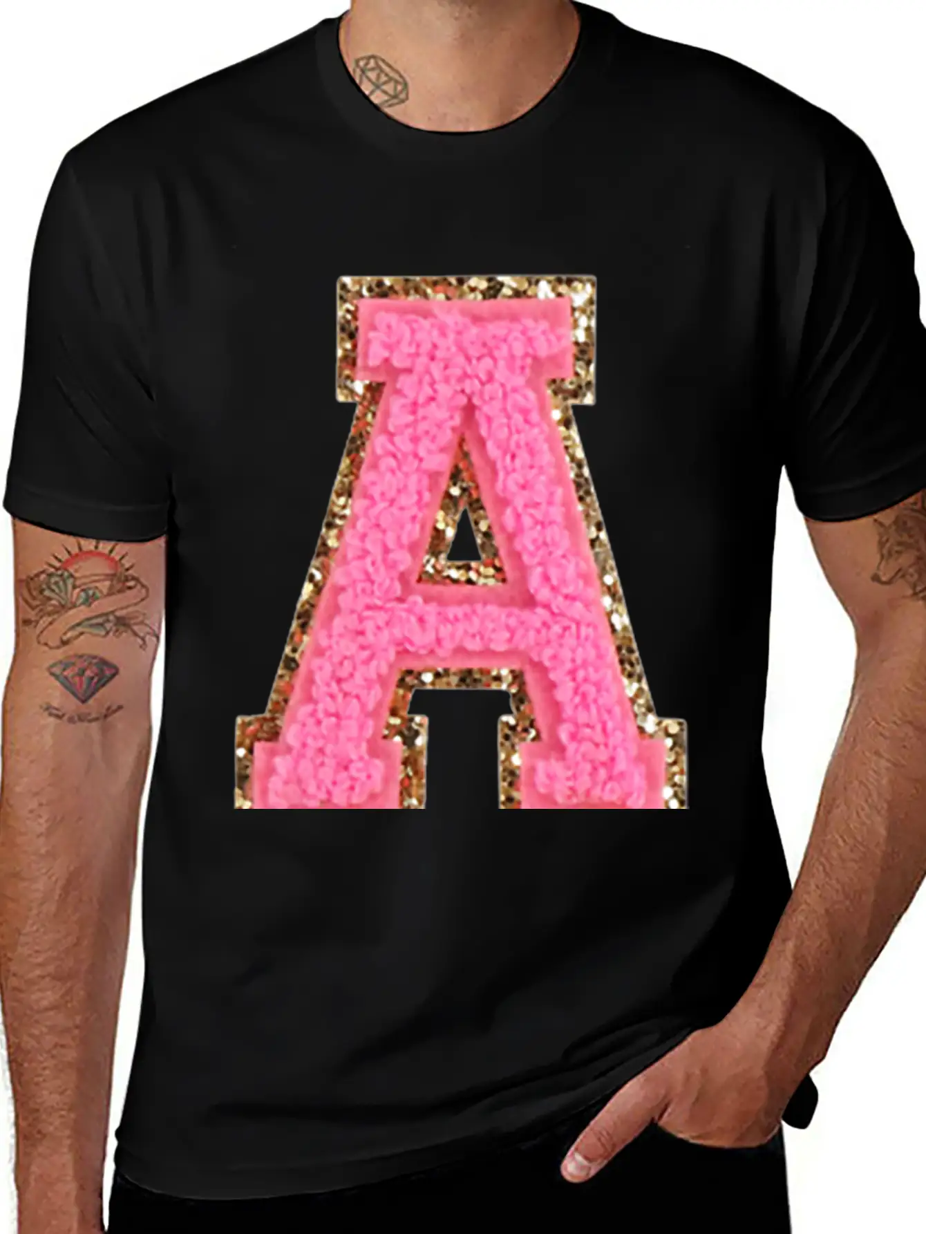 A Bubblegum Glitter Varsity Letter Patches Modern Fit Casual T-Shirt – Clean And Versatile Design