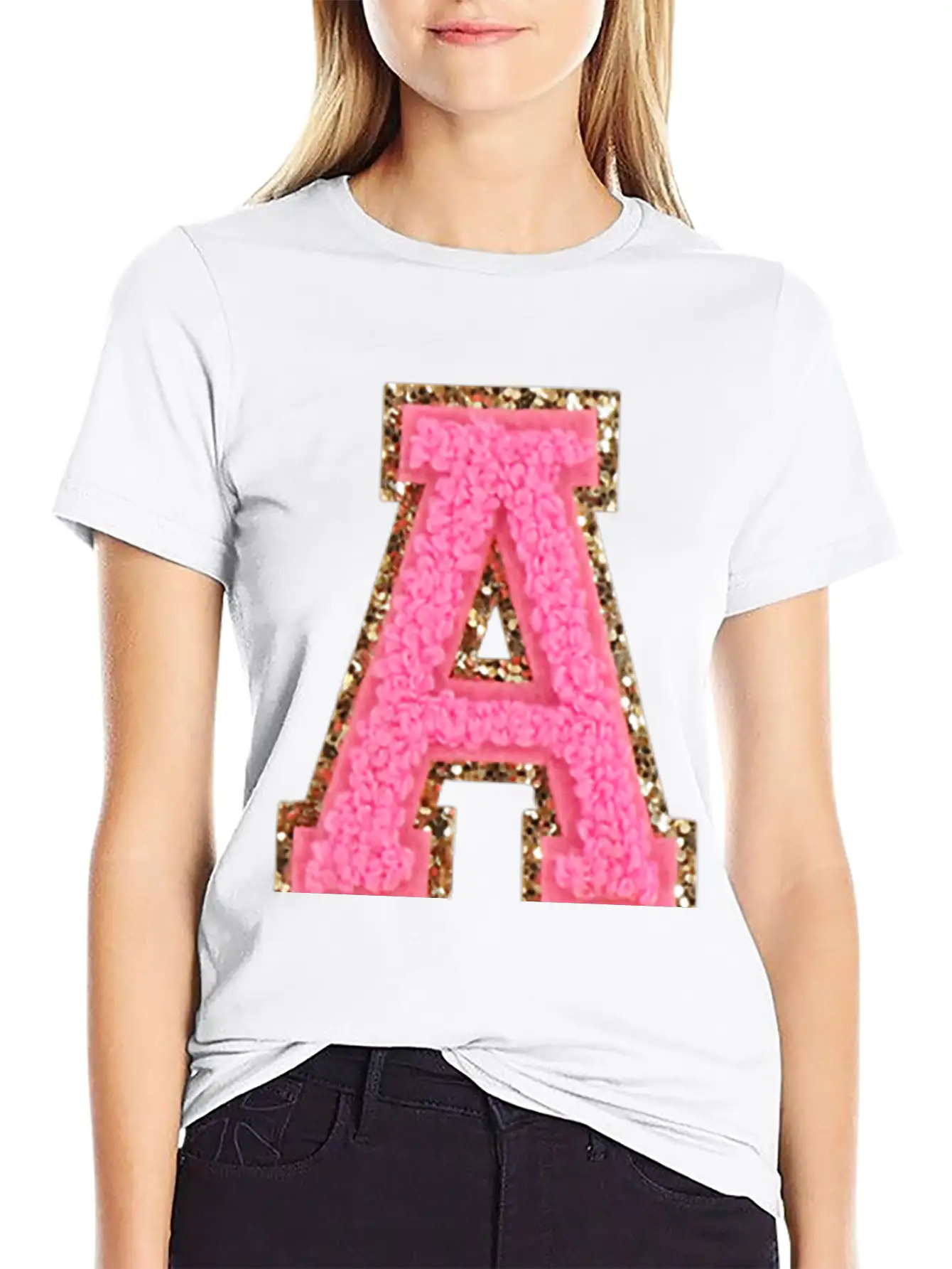 A Bubblegum Glitter Varsity Letter Patches Modern Fit Casual T-Shirt – Clean And Versatile Design