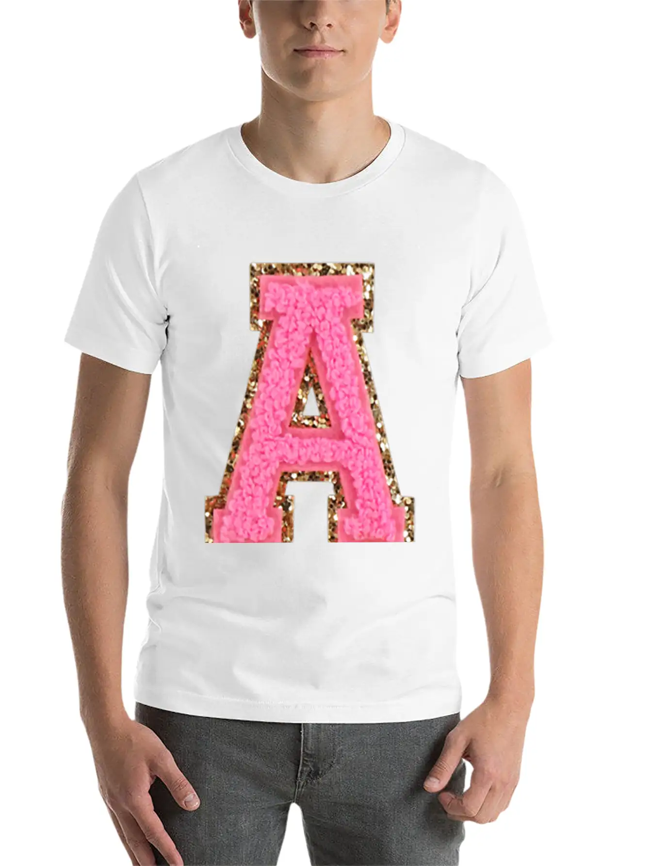 A Bubblegum Glitter Varsity Letter Patches Modern Fit Casual T-Shirt – Clean And Versatile Design