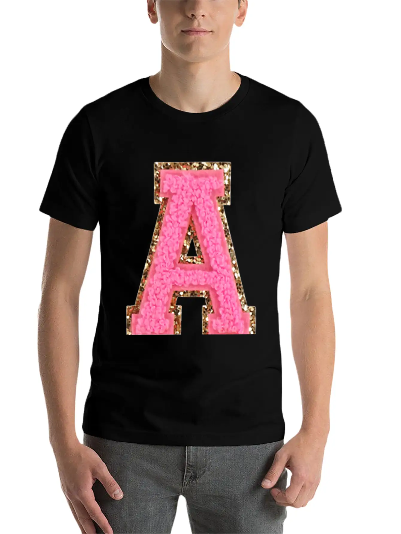 A Bubblegum Glitter Varsity Letter Patches Modern Fit Casual T-Shirt – Clean And Versatile Design