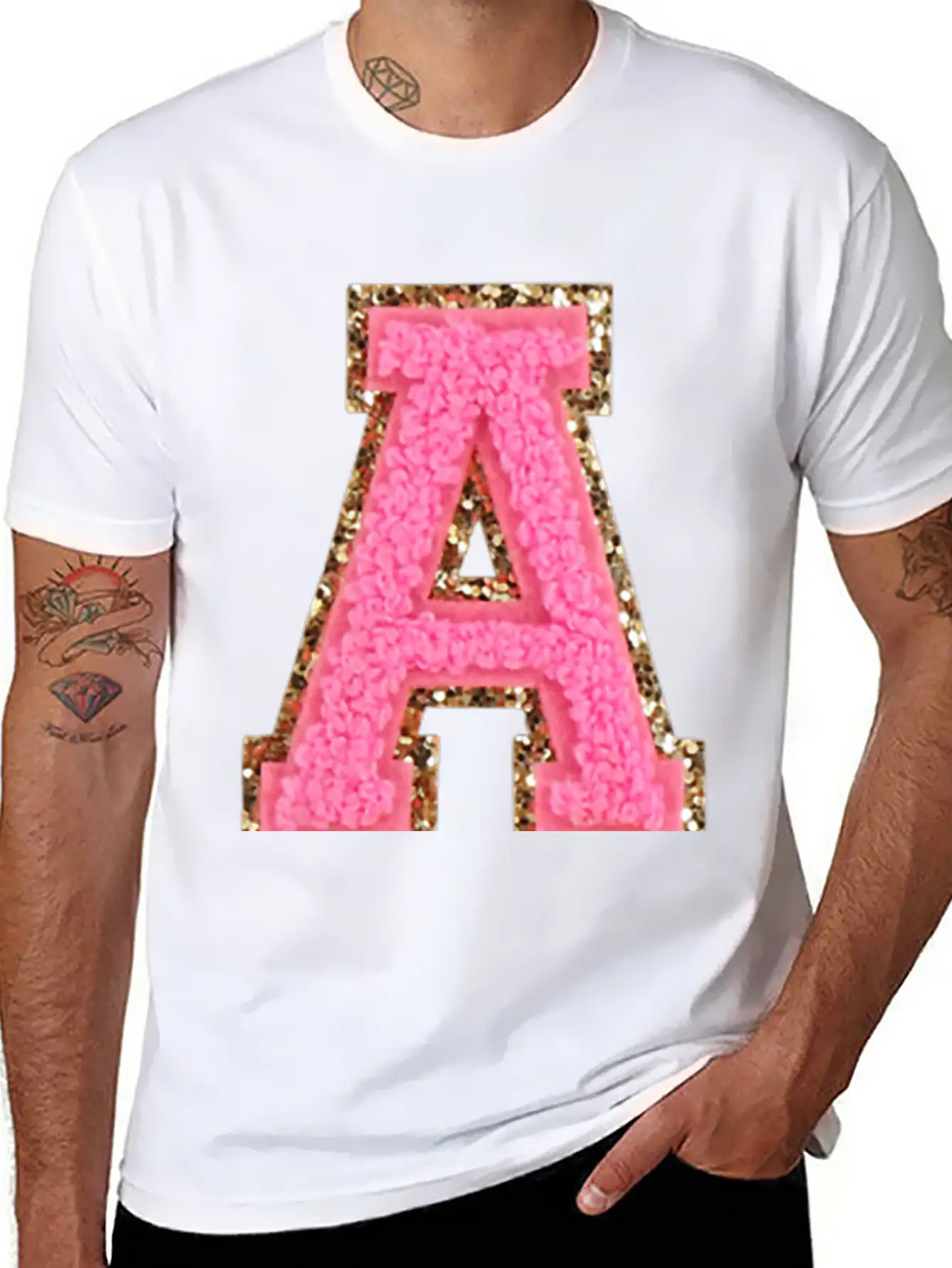 A Bubblegum Glitter Varsity Letter Patches Modern Fit Casual T-Shirt – Clean And Versatile Design