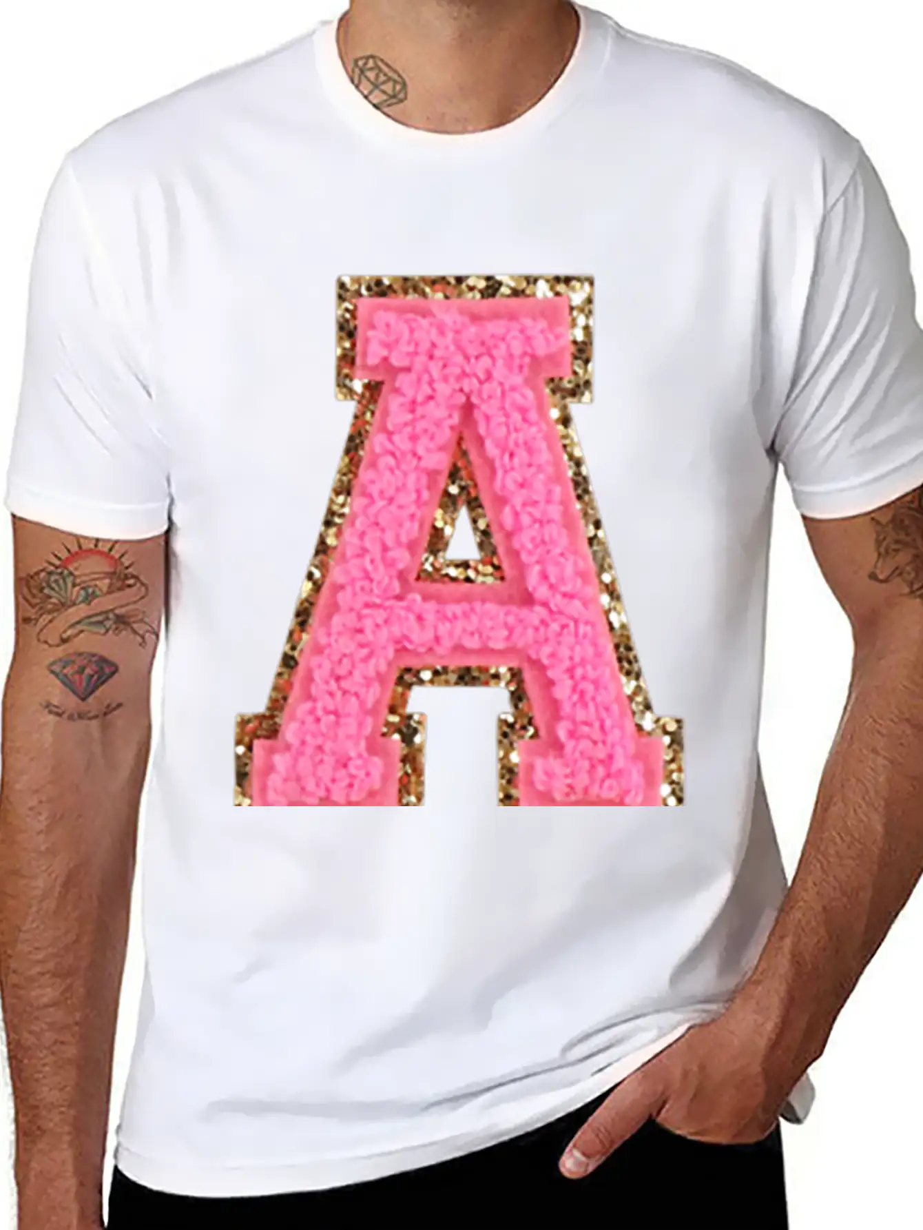 A Bubblegum Glitter Varsity Letter Patches Modern Fit Casual T-Shirt – Clean And Versatile Design