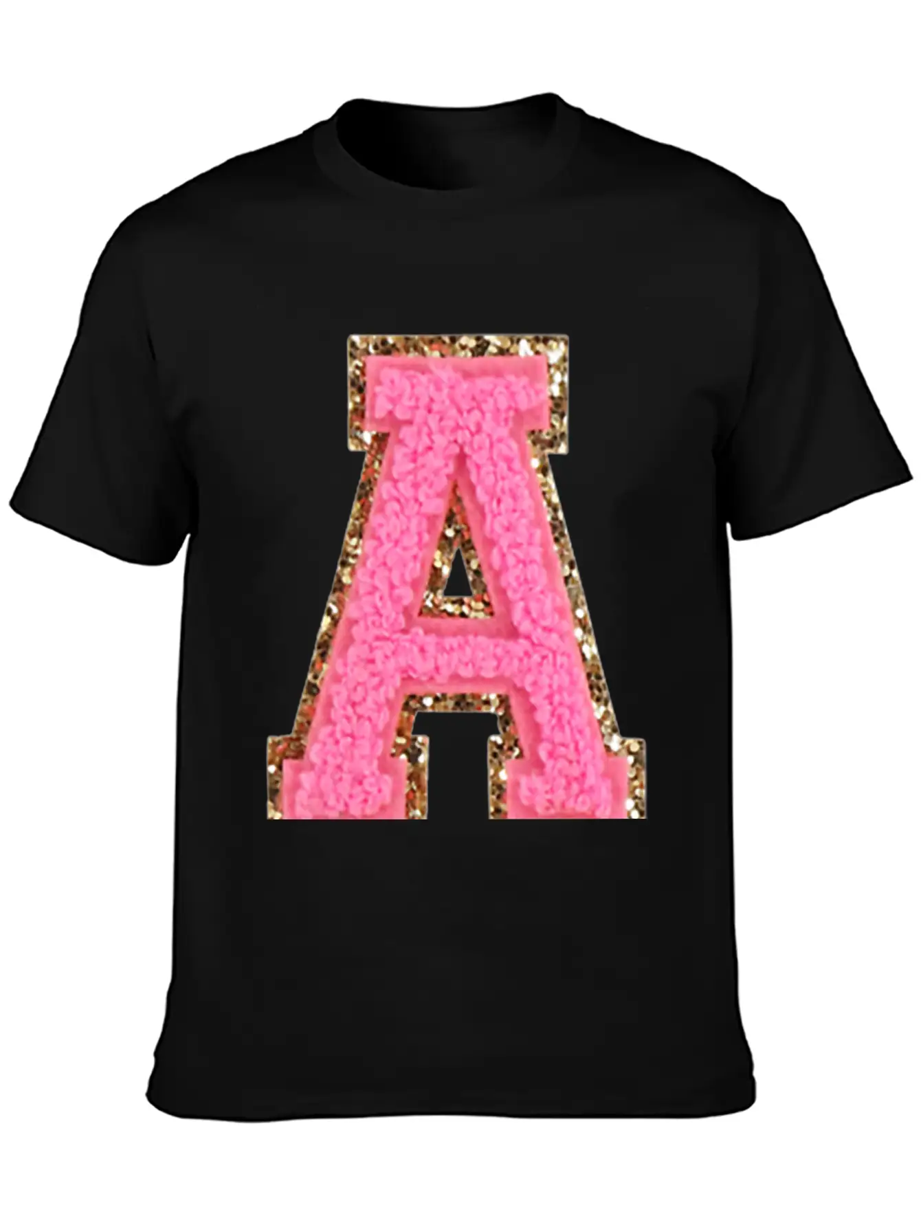A Bubblegum Glitter Varsity Letter Patches Modern Fit Casual T-Shirt – Clean And Versatile Design