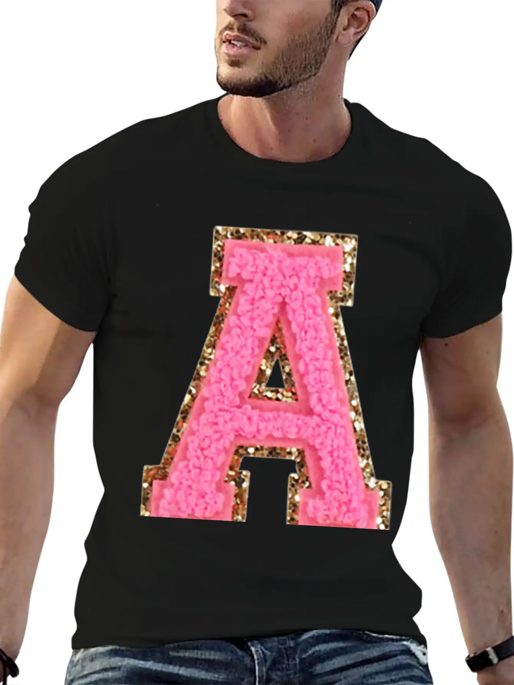 A Bubblegum Glitter Varsity Letter Patches Modern Fit Casual T-Shirt – Clean And Versatile Design