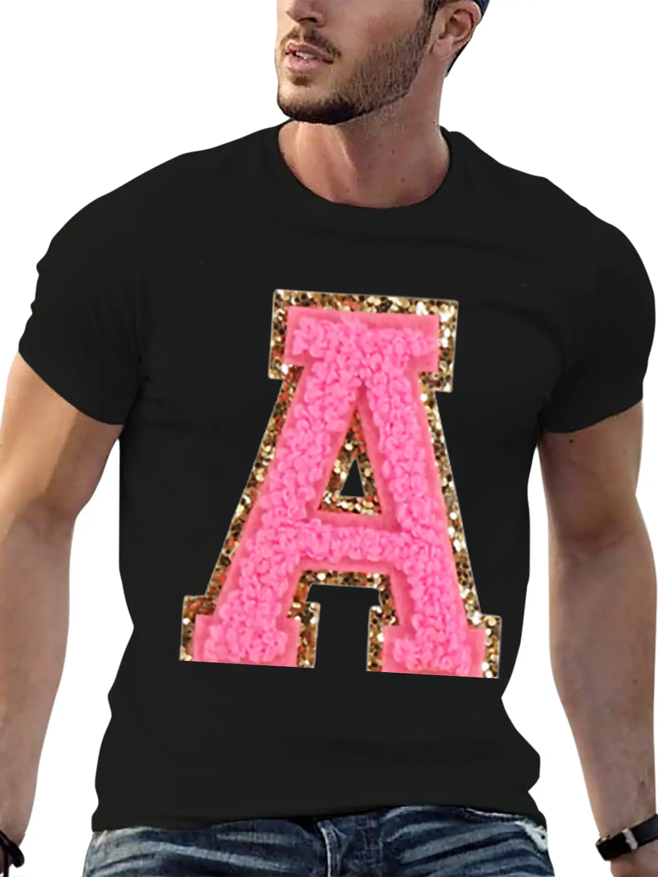 A Bubblegum Glitter Varsity Letter Patches Modern Fit Casual T-Shirt – Clean And Versatile Design