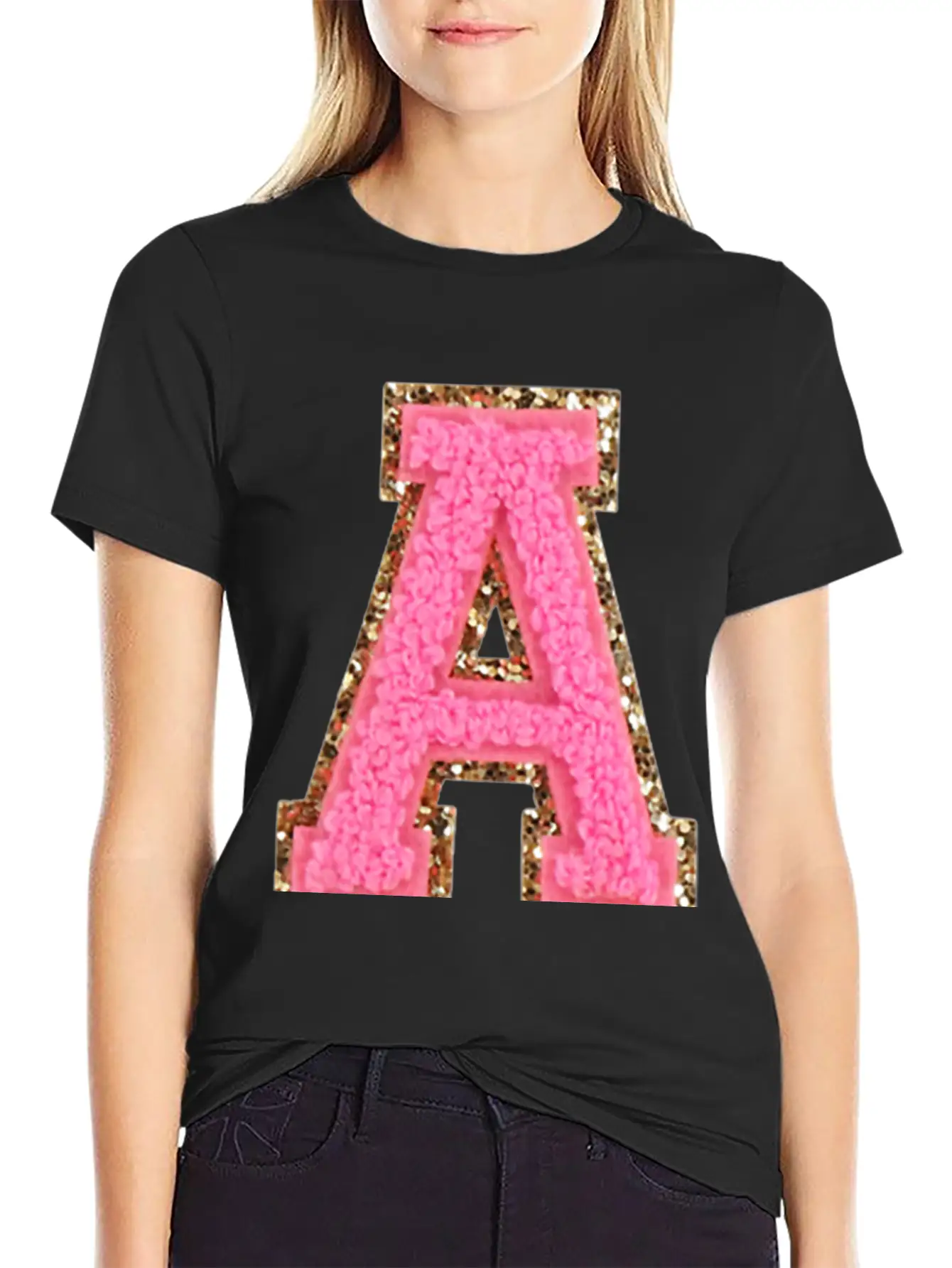 A Bubblegum Glitter Varsity Letter Patches Modern Fit Casual T-Shirt – Clean And Versatile Design