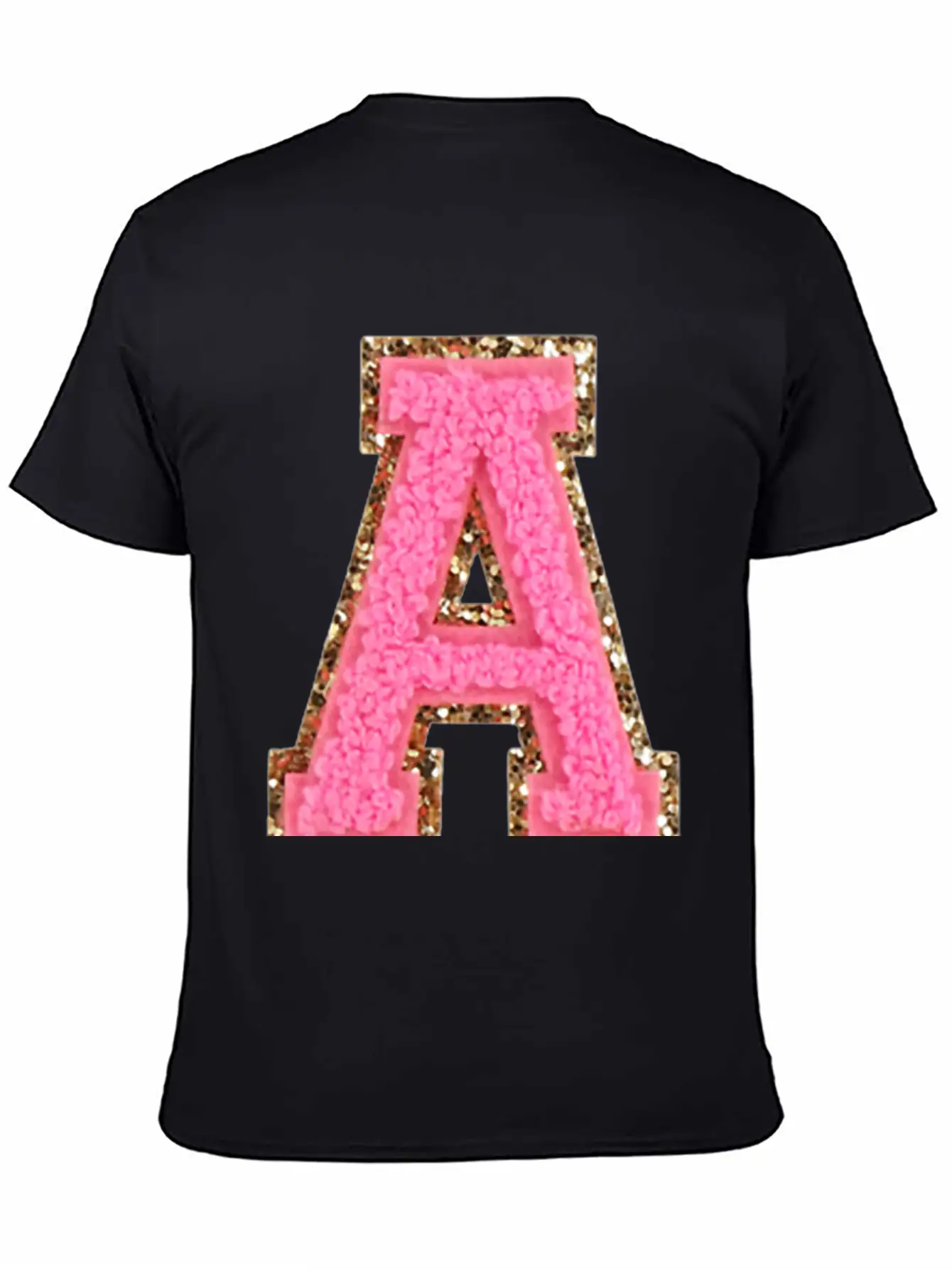A Bubblegum Glitter Varsity Letter Patches Modern Fit Casual T-Shirt – Clean And Versatile Design