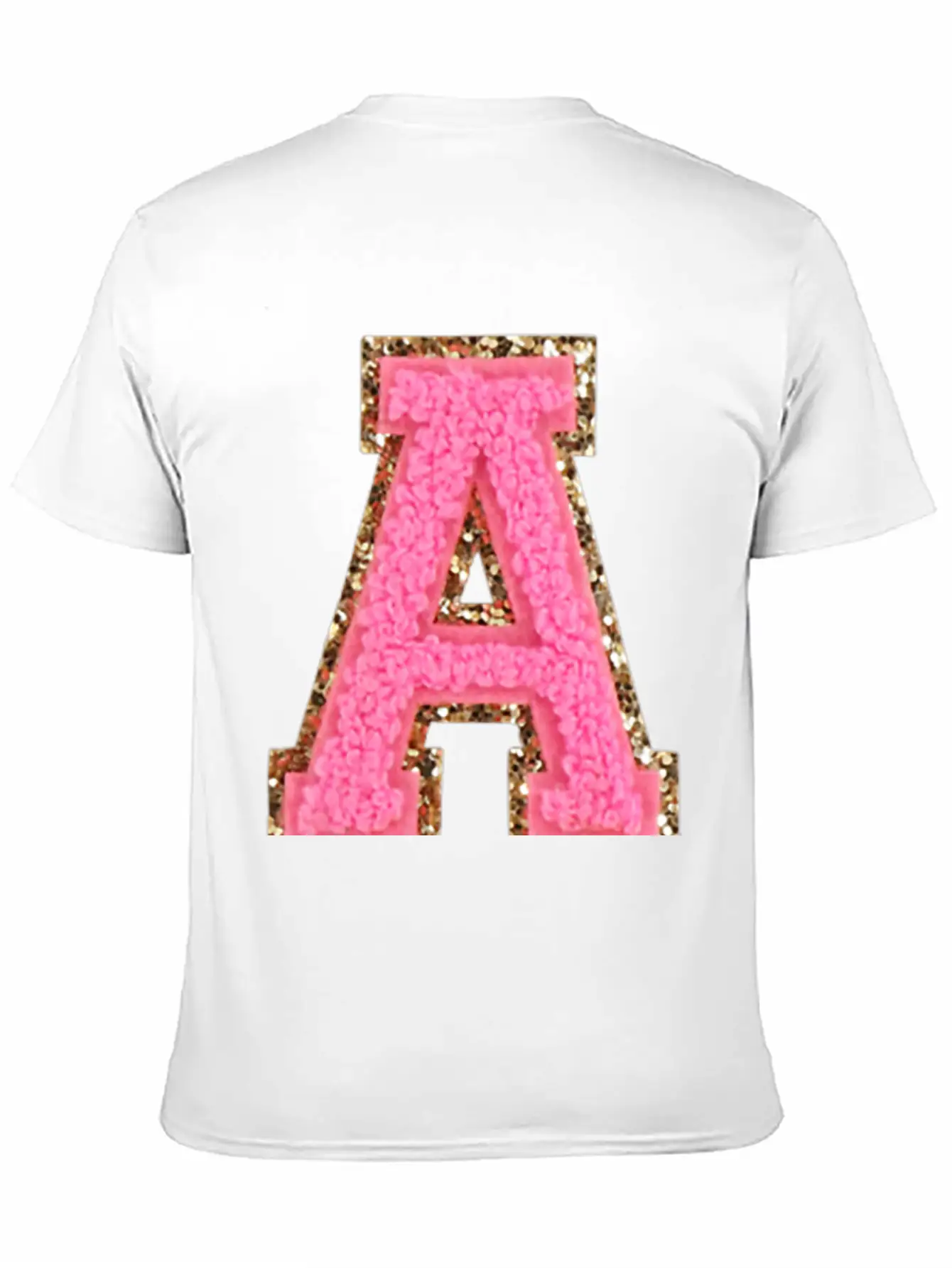 A Bubblegum Glitter Varsity Letter Patches Modern Fit Casual T-Shirt – Clean And Versatile Design