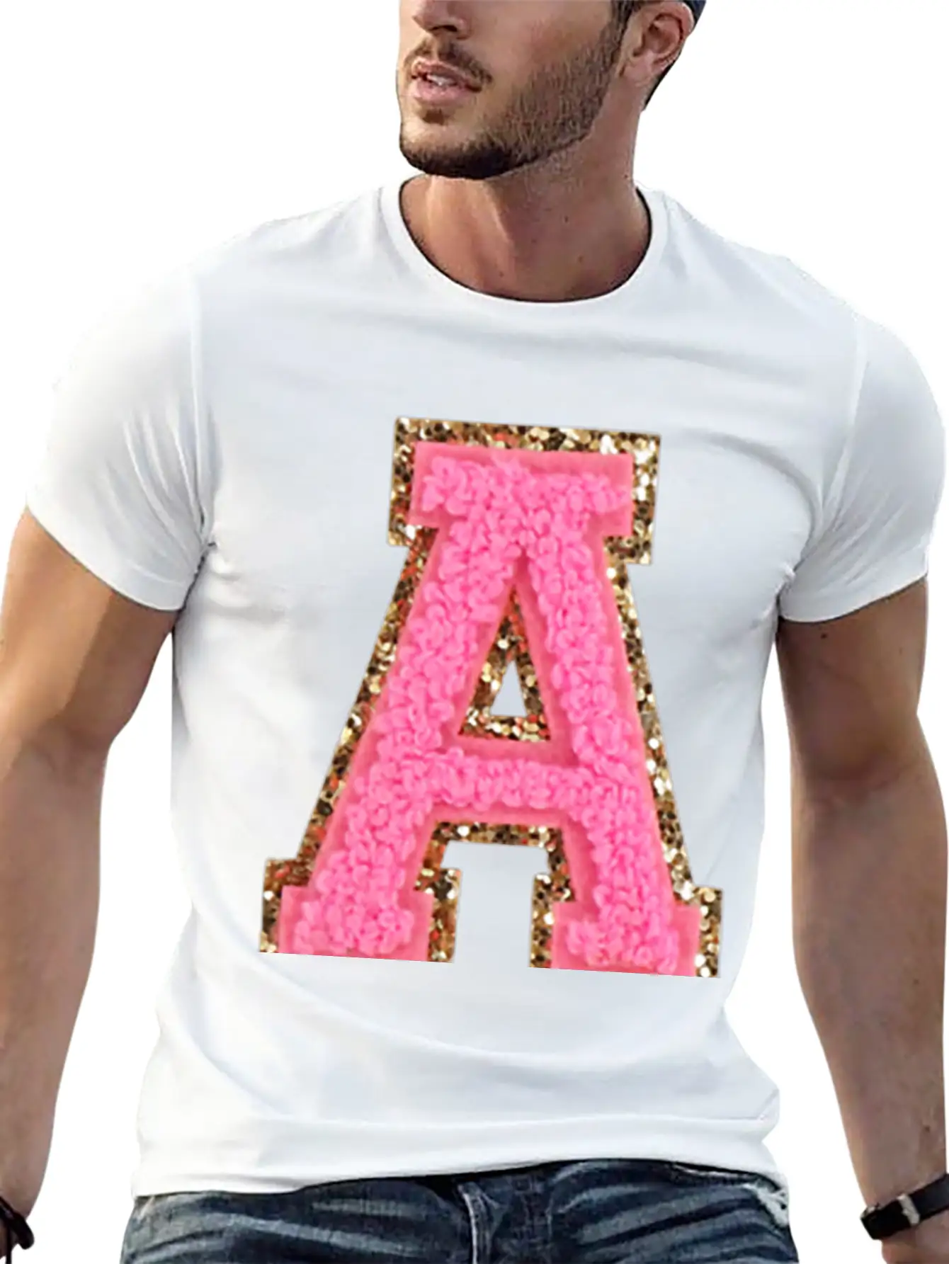 A Bubblegum Glitter Varsity Letter Patches Modern Fit Casual T-Shirt – Clean And Versatile Design
