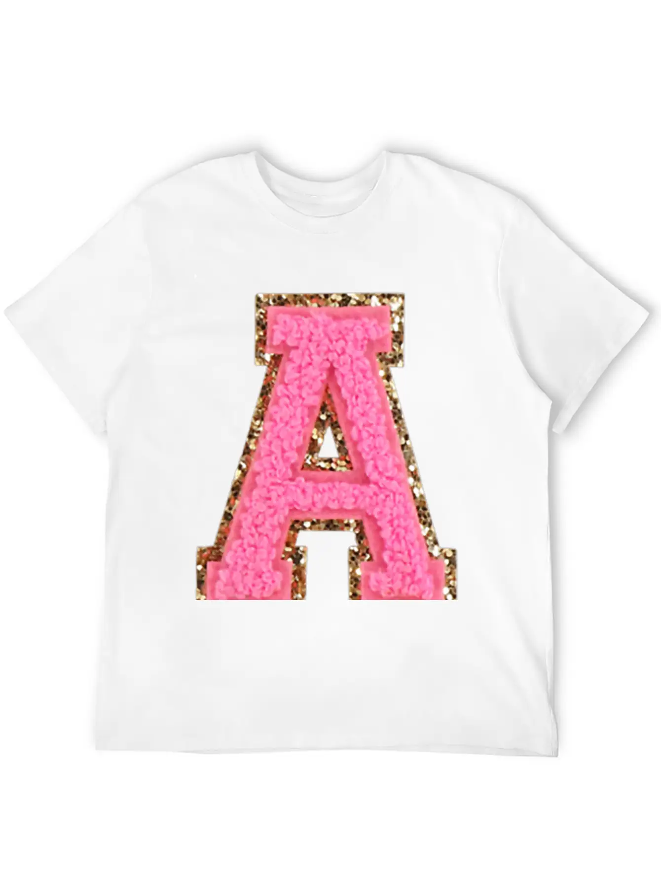 A Bubblegum Glitter Varsity Letter Patches Modern Fit Casual T-Shirt – Clean And Versatile Design