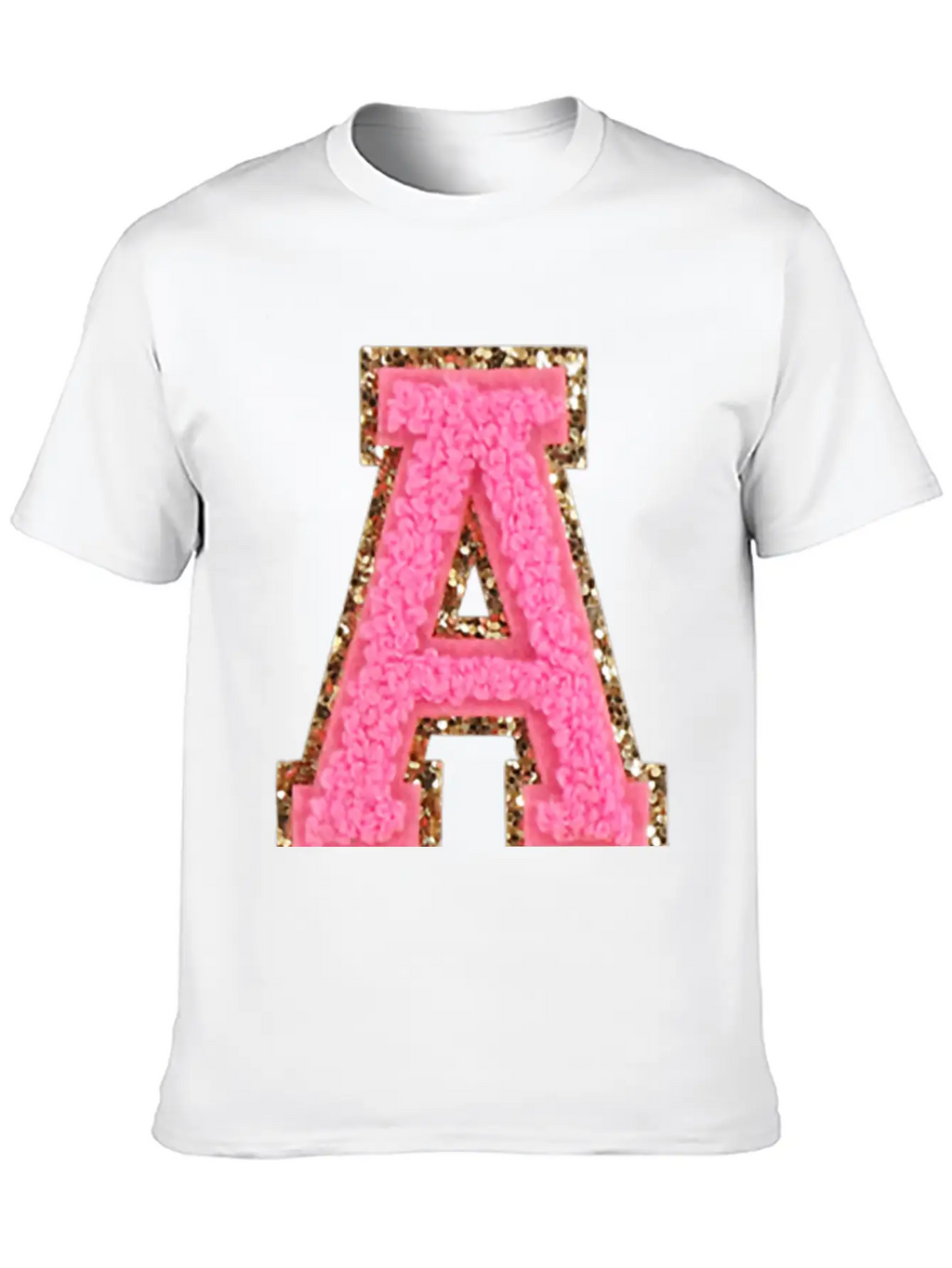 A Bubblegum Glitter Varsity Letter Patches Modern Fit Casual T-Shirt – Clean And Versatile Design