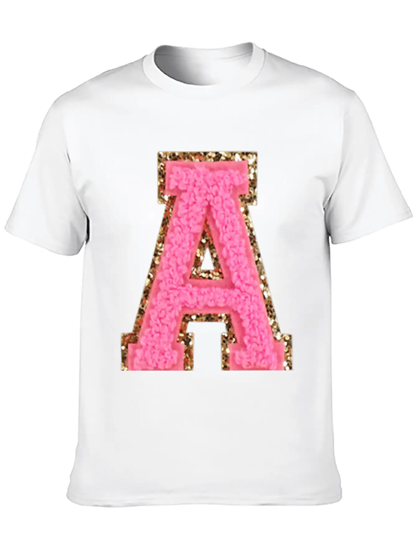 A Bubblegum Glitter Varsity Letter Patches Modern Fit Casual T-Shirt – Clean And Versatile Design