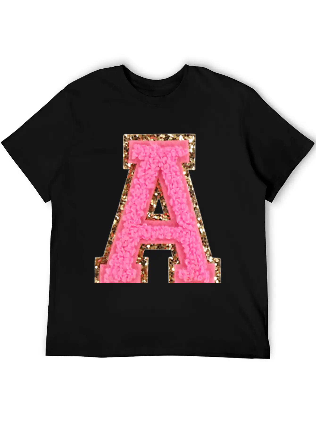 A Bubblegum Glitter Varsity Letter Patches Modern Fit Casual T-Shirt – Clean And Versatile Design