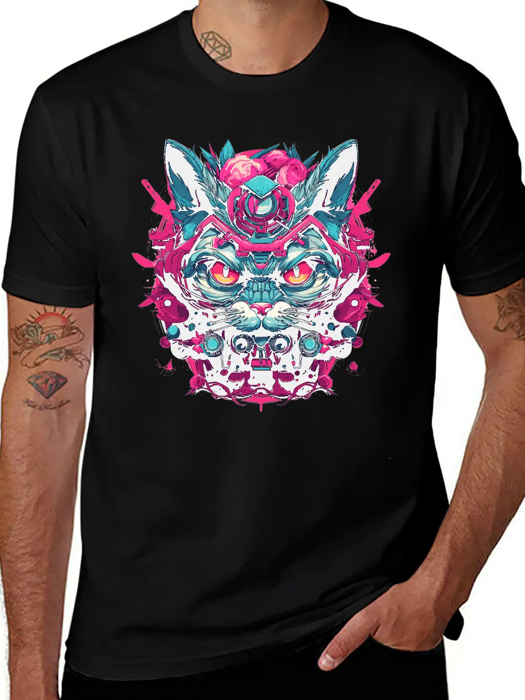 A Funny Cat Mascot Design In Cyberpunk Style Essential Cotton Tee For Daily Outfits – Unisex Style