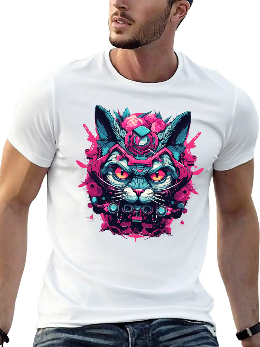 A Funny Cat Mascot Design In Cyberpunk Style Essential Cotton Tee For Daily Outfits – Unisex Style