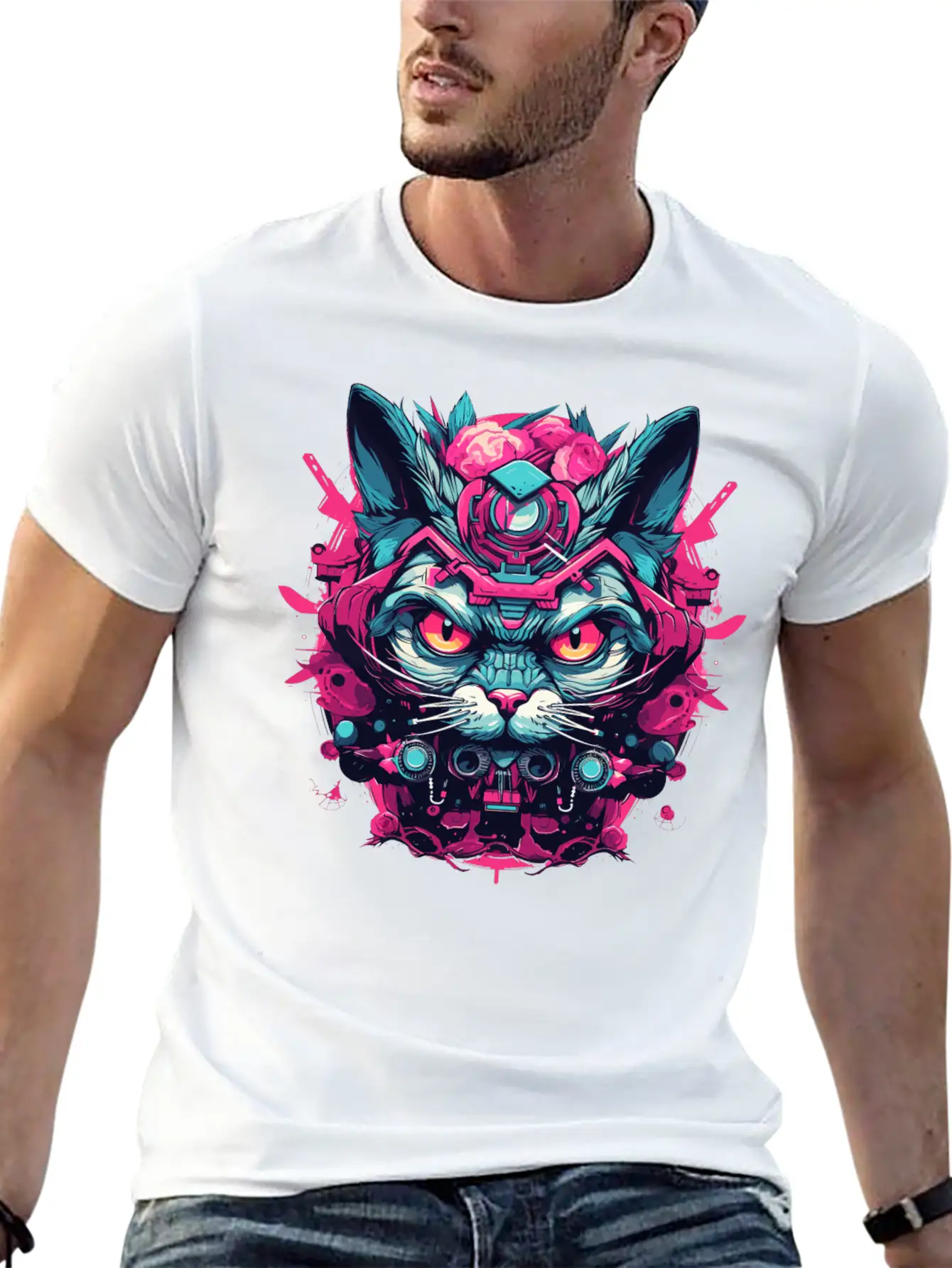 A Funny Cat Mascot Design In Cyberpunk Style Essential Cotton Tee For Daily Outfits – Unisex Style