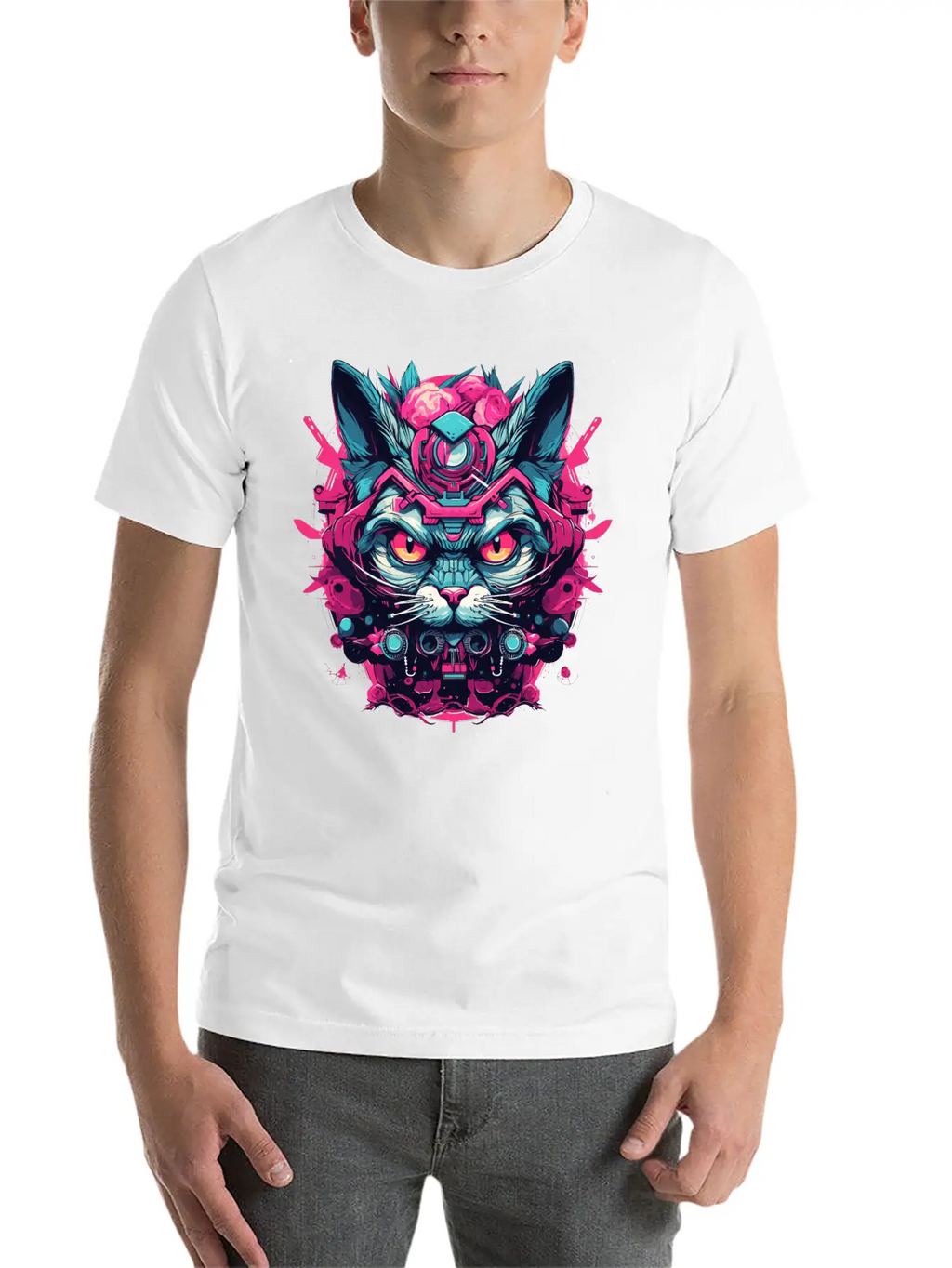 A Funny Cat Mascot Design In Cyberpunk Style Essential Cotton Tee For Daily Outfits – Unisex Style