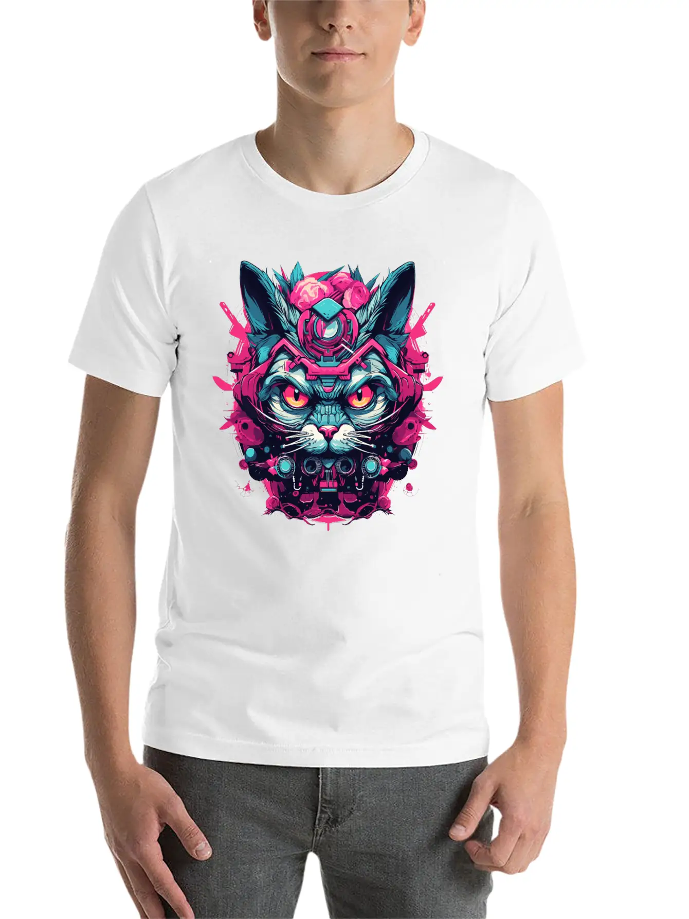 A Funny Cat Mascot Design In Cyberpunk Style Essential Cotton Tee For Daily Outfits – Unisex Style
