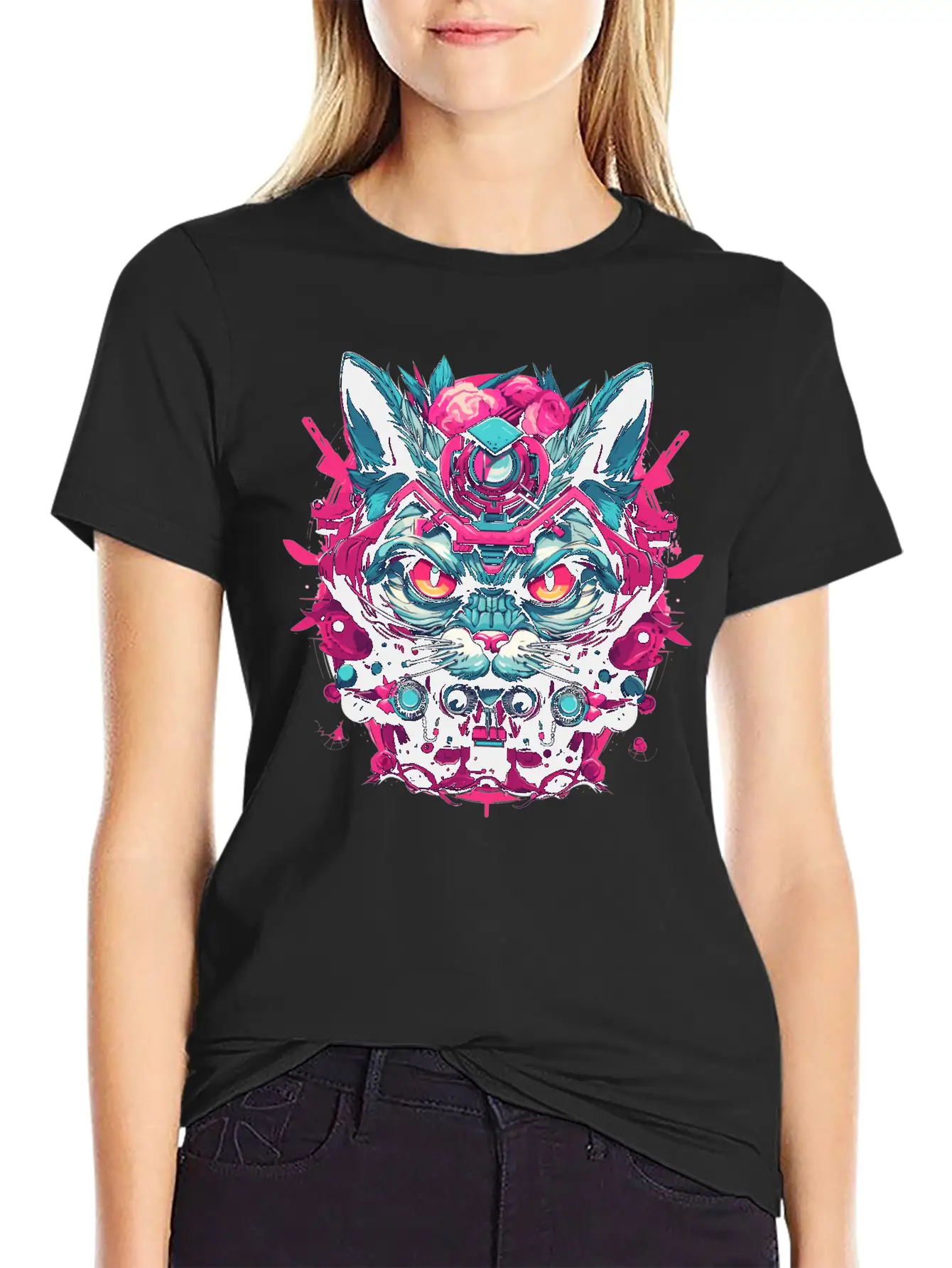 A Funny Cat Mascot Design In Cyberpunk Style Essential Cotton Tee For Daily Outfits – Unisex Style