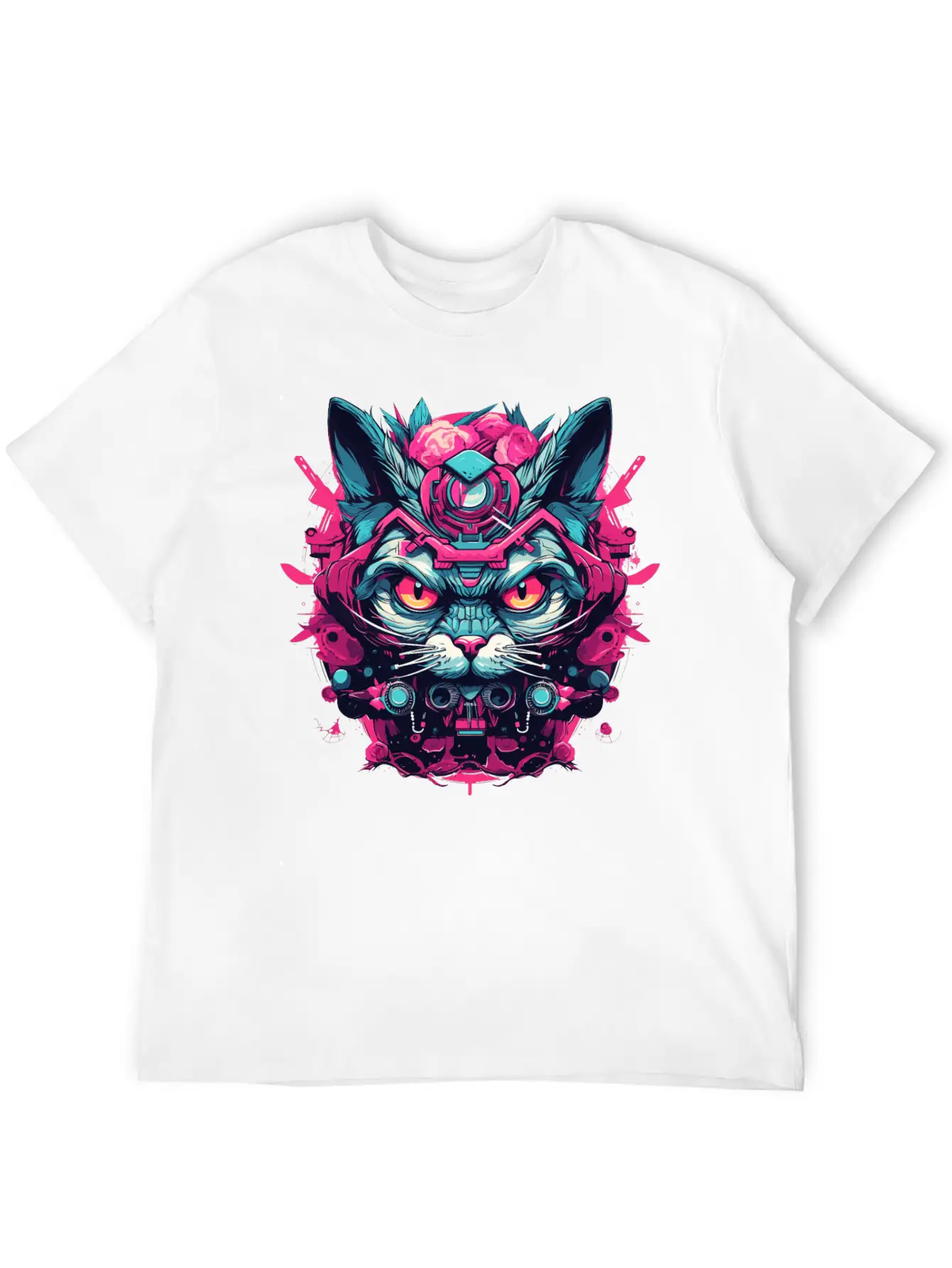 A Funny Cat Mascot Design In Cyberpunk Style Essential Cotton Tee For Daily Outfits – Unisex Style