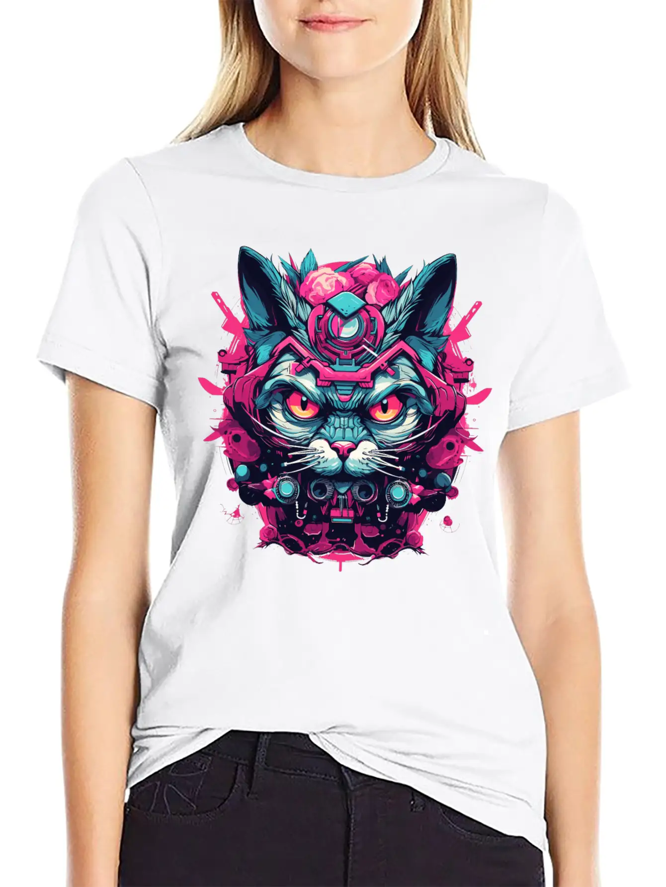 A Funny Cat Mascot Design In Cyberpunk Style Essential Cotton Tee For Daily Outfits – Unisex Style