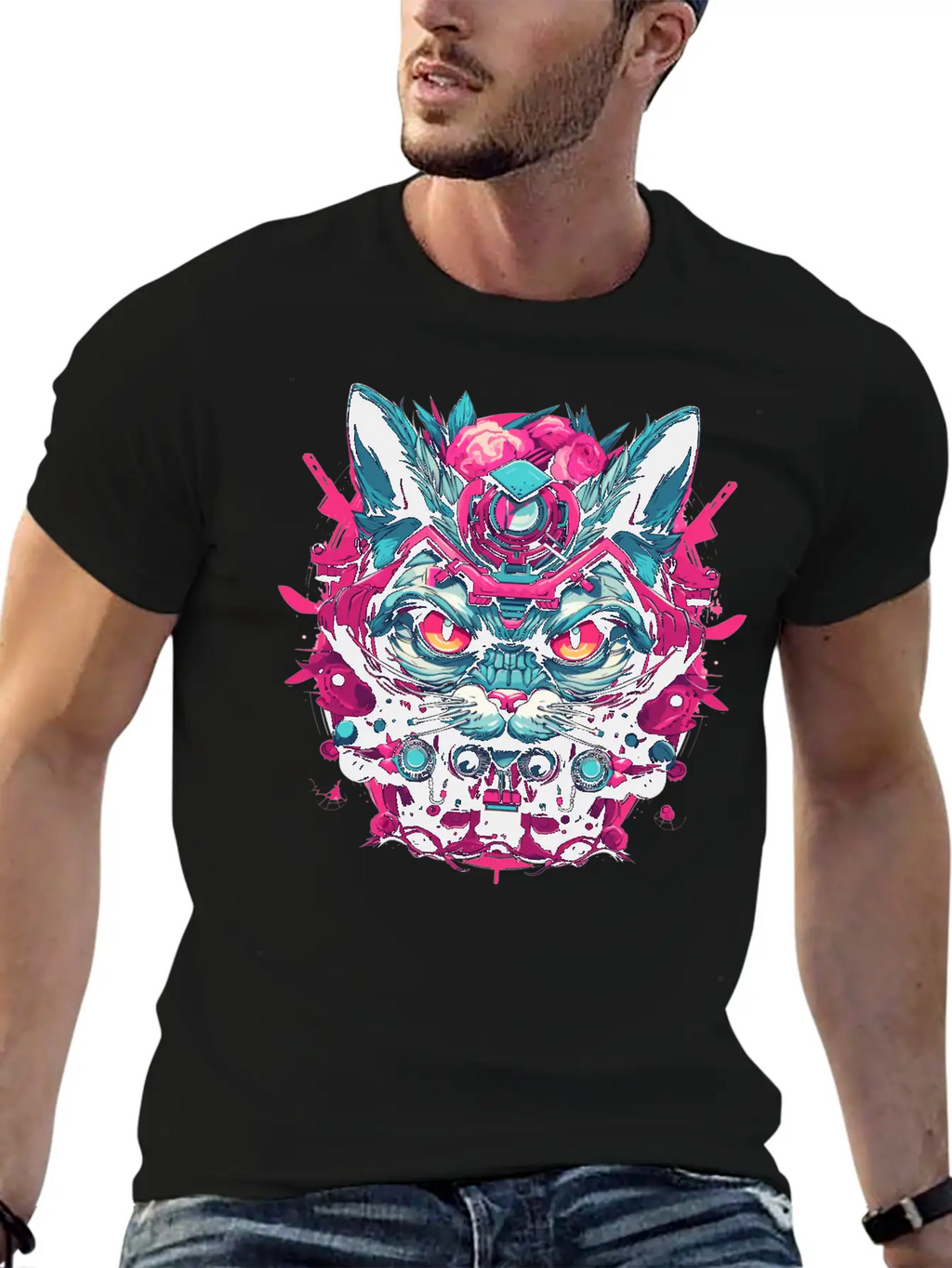 A Funny Cat Mascot Design In Cyberpunk Style Essential Cotton Tee For Daily Outfits – Unisex Style