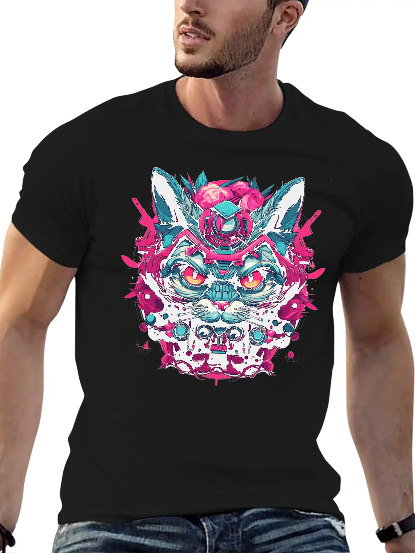 A Funny Cat Mascot Design In Cyberpunk Style Essential Cotton Tee For Daily Outfits – Unisex Style