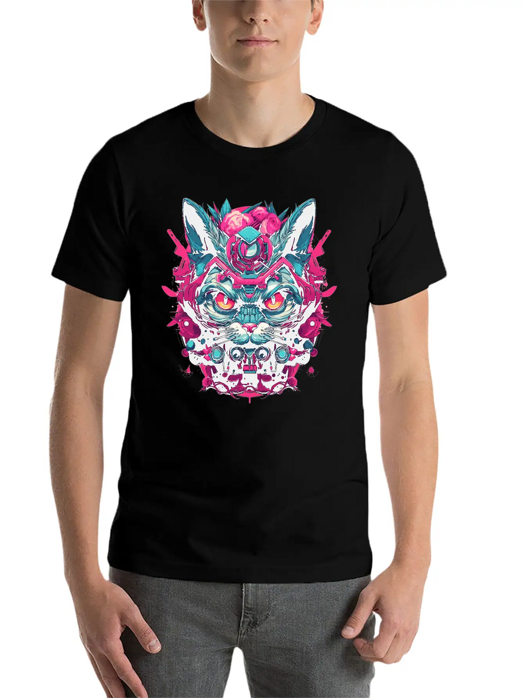 A Funny Cat Mascot Design In Cyberpunk Style Essential Cotton Tee For Daily Outfits – Unisex Style