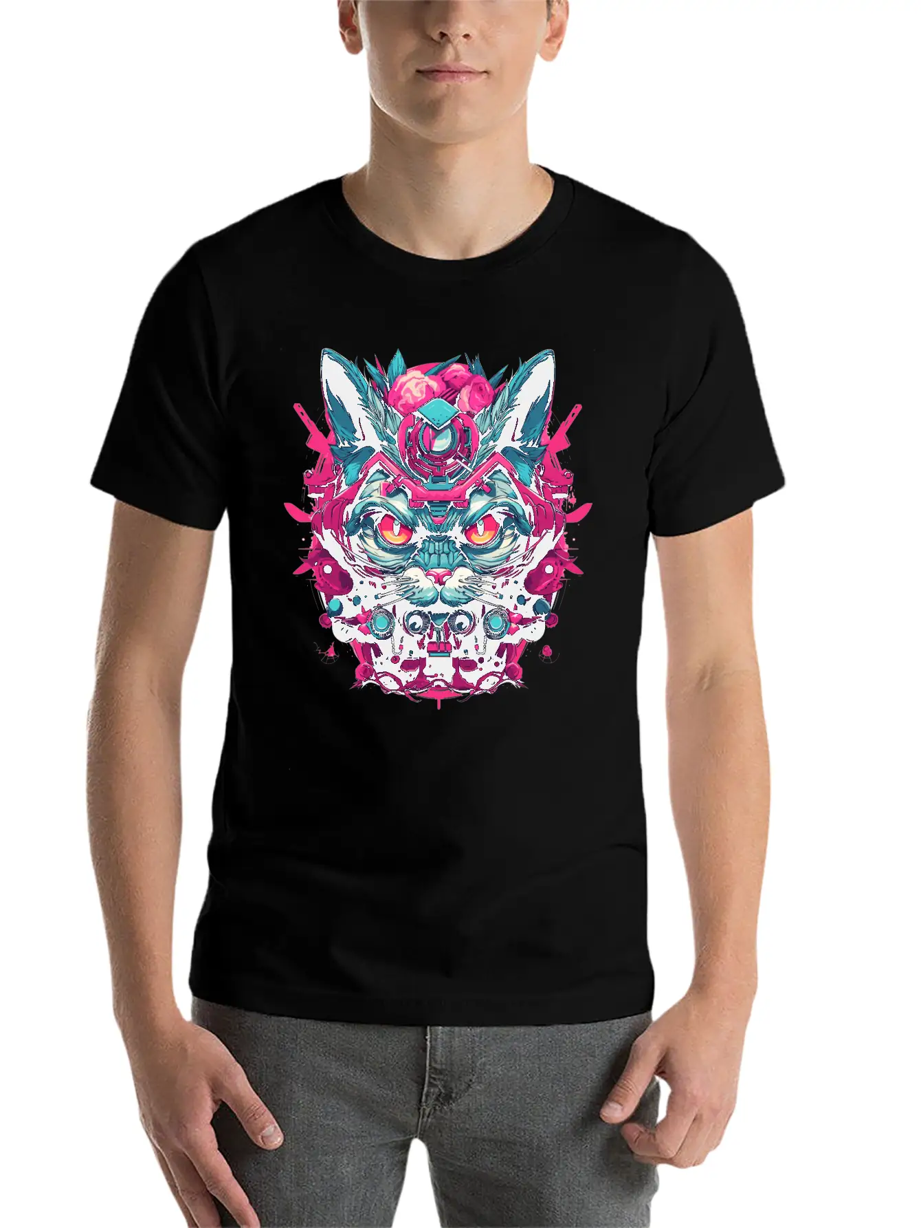 A Funny Cat Mascot Design In Cyberpunk Style Essential Cotton Tee For Daily Outfits – Unisex Style