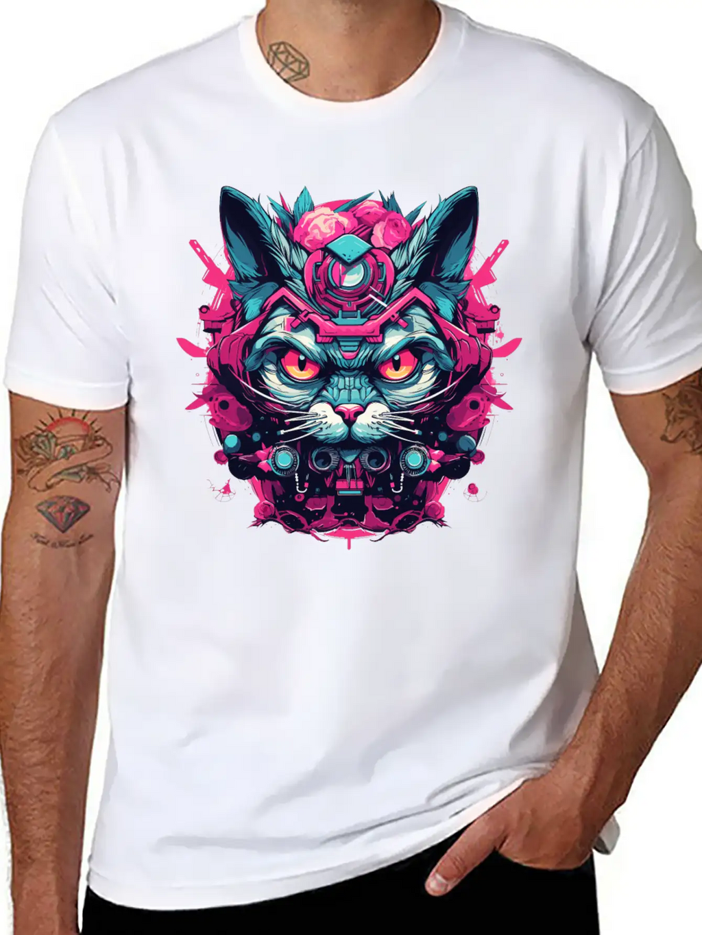 A Funny Cat Mascot Design In Cyberpunk Style Essential Cotton Tee For Daily Outfits – Unisex Style