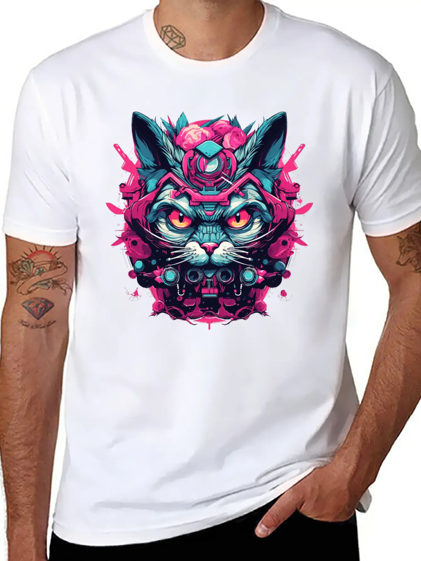 A Funny Cat Mascot Design In Cyberpunk Style Essential Cotton Tee For Daily Outfits – Unisex Style