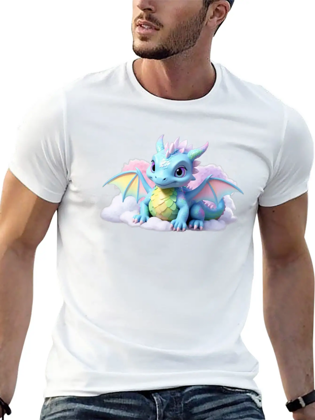 A Pastel Colored Baby Dragon On A Cloud Stylish Everyday T-Shirt – Unisex Basic Cotton Tee
