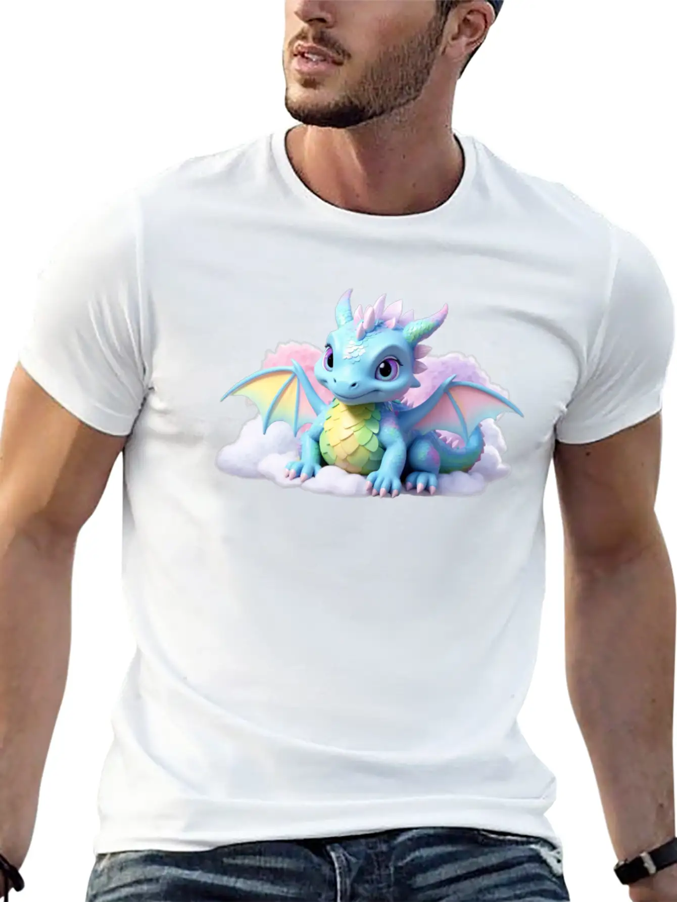 A Pastel Colored Baby Dragon On A Cloud Stylish Everyday T-Shirt – Unisex Basic Cotton Tee