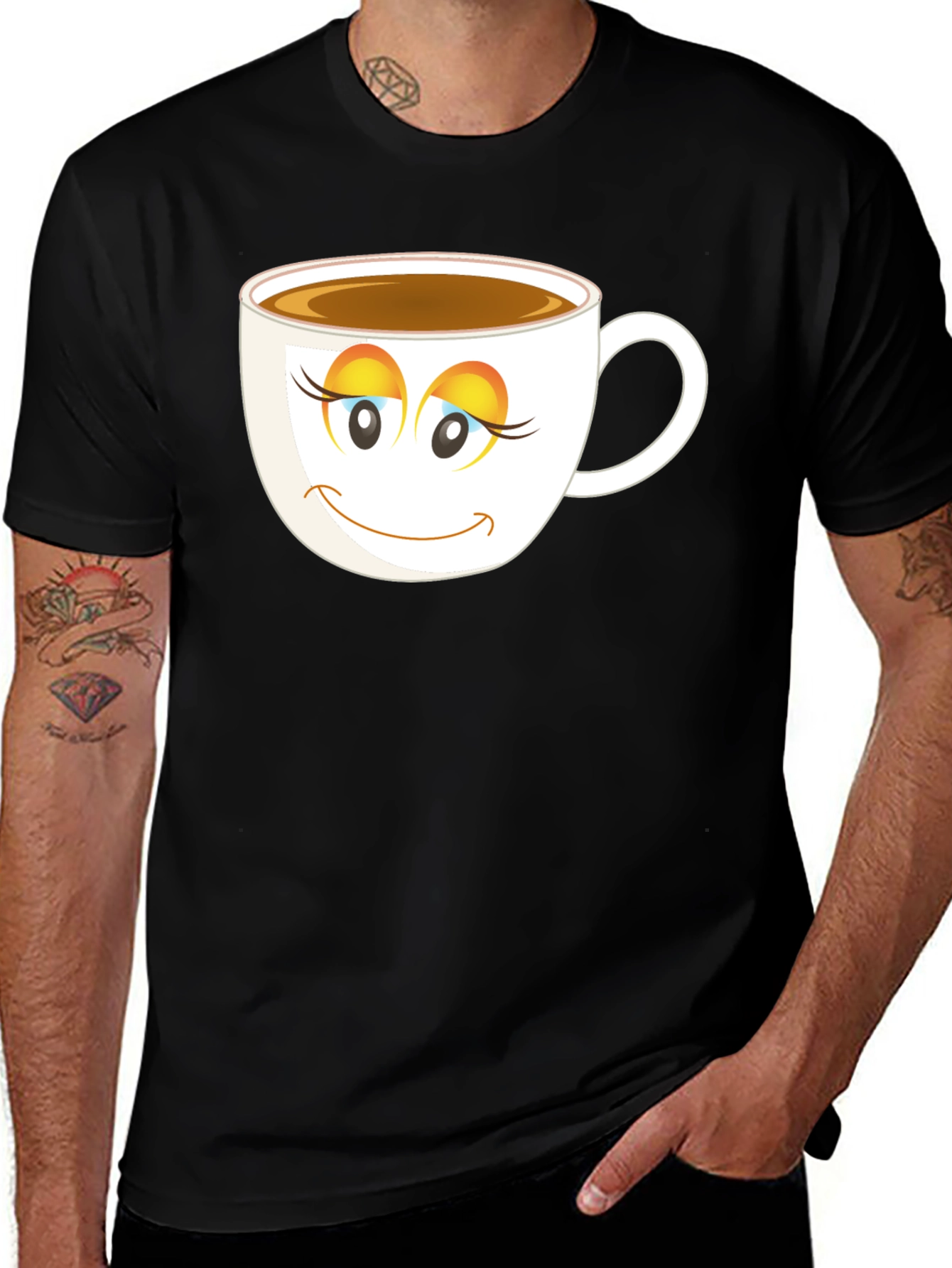 Coffee Cup Face T-Shirt - Black Cotton Blend Casual Tee