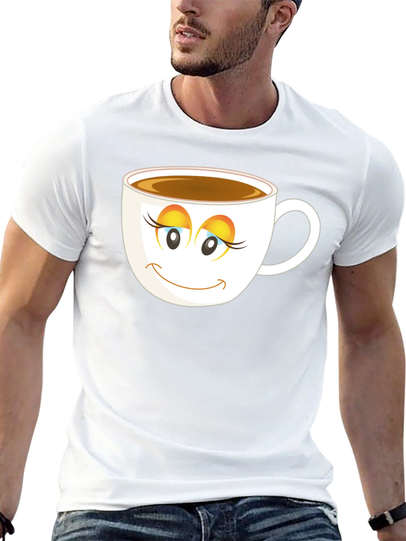 Coffee Cup Face T-Shirt - Black Cotton Blend Casual Tee