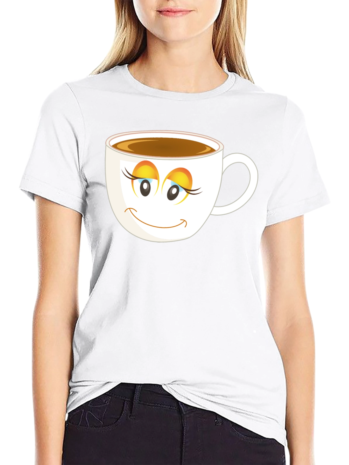 Coffee Cup Face T-Shirt - Black Cotton Blend Casual Tee