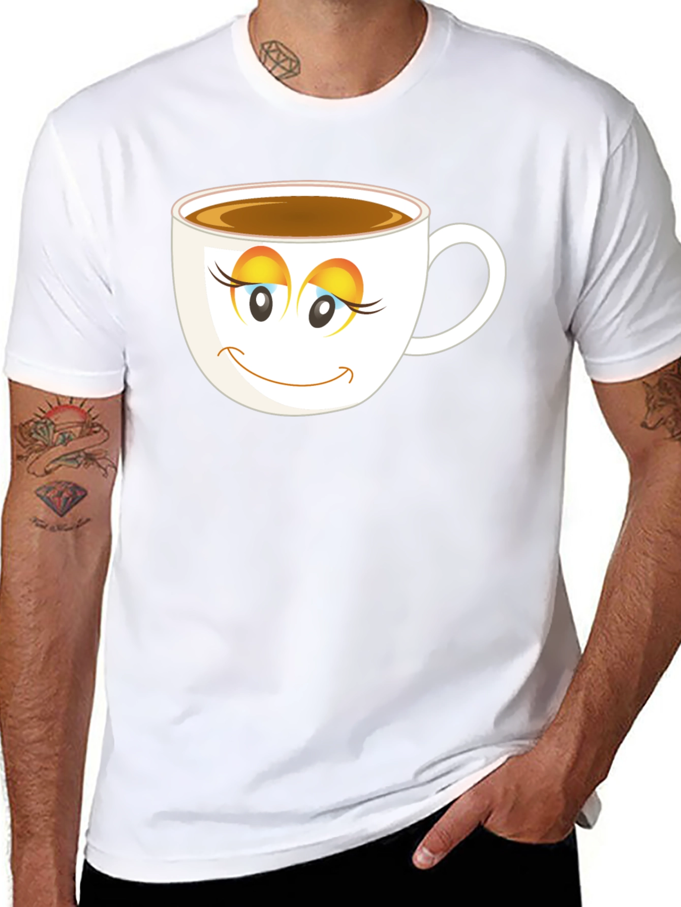 Coffee Cup Face T-Shirt - Black Cotton Blend Casual Tee