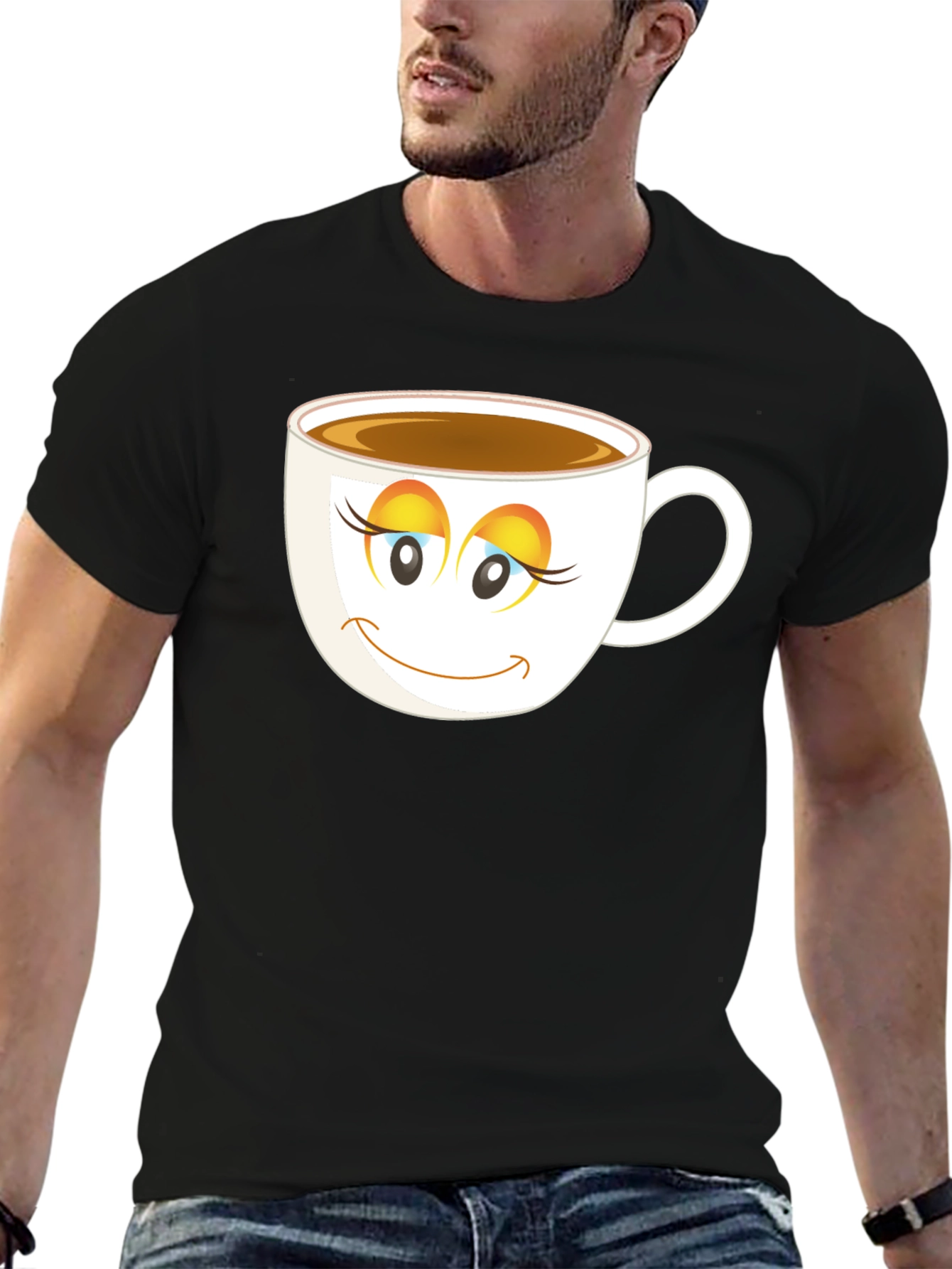Coffee Cup Face T-Shirt - Black Cotton Blend Casual Tee