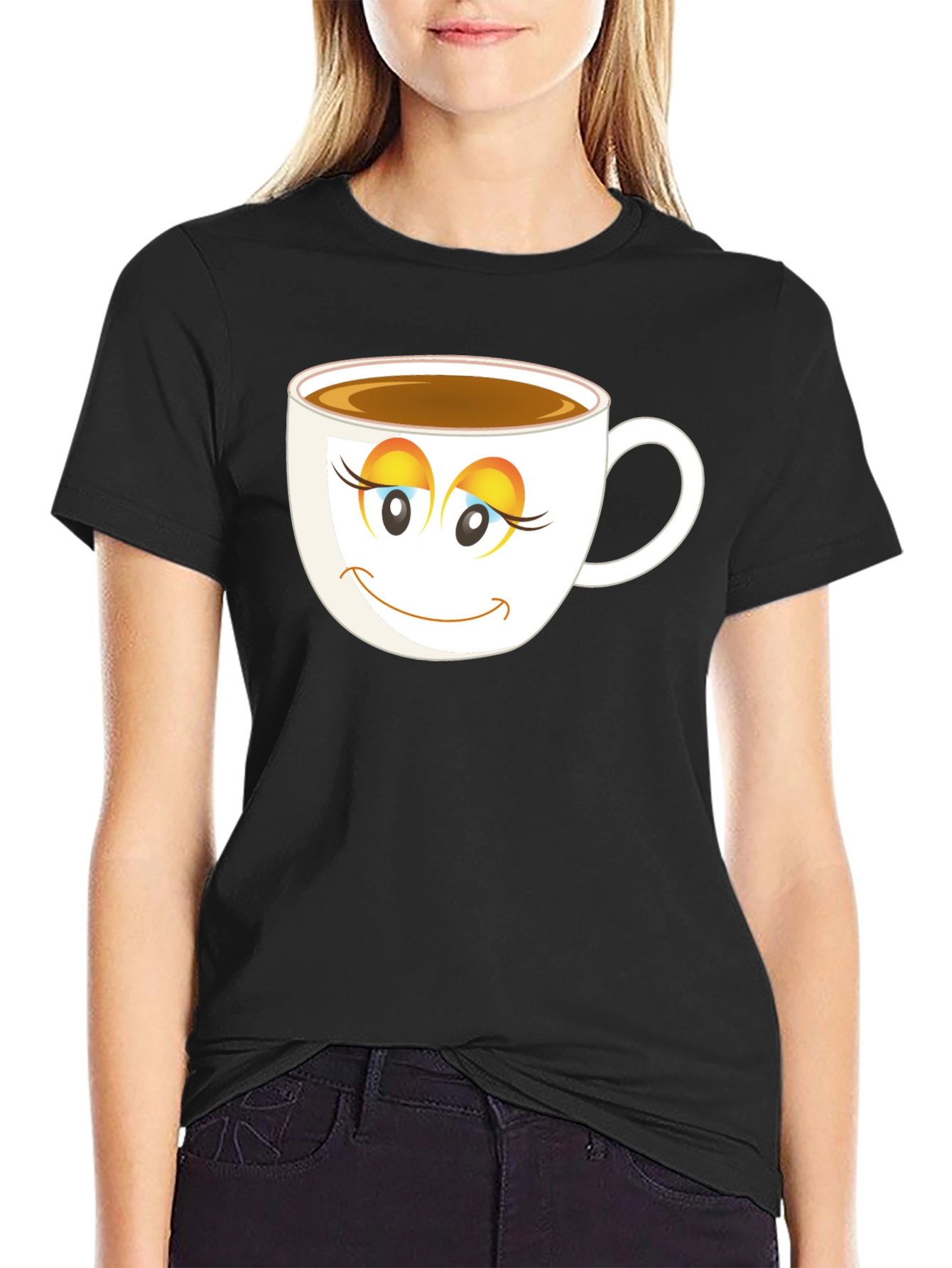 Coffee Cup Face T-Shirt - Black Cotton Blend Casual Tee
