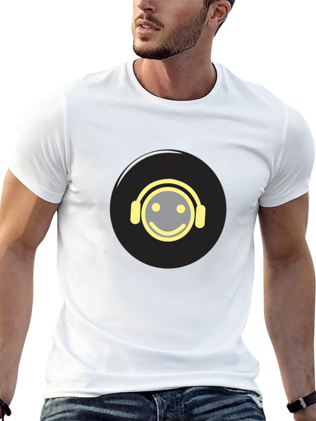Smiley Face Headphones Graphic Tee - Black Cotton Blend