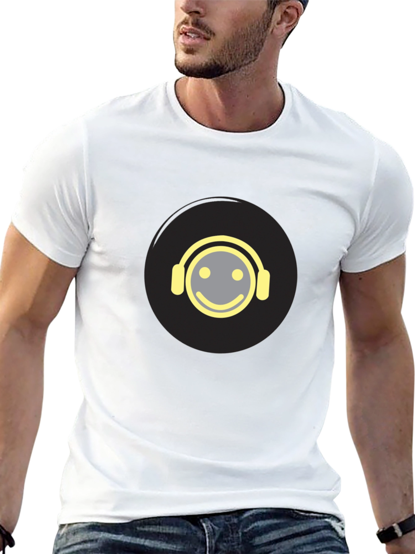 Smiley Face Headphones Graphic Tee - Black Cotton Blend