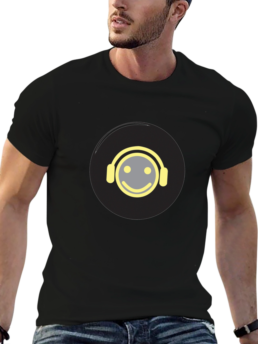 Smiley Face Headphones Graphic Tee - Black Cotton Blend