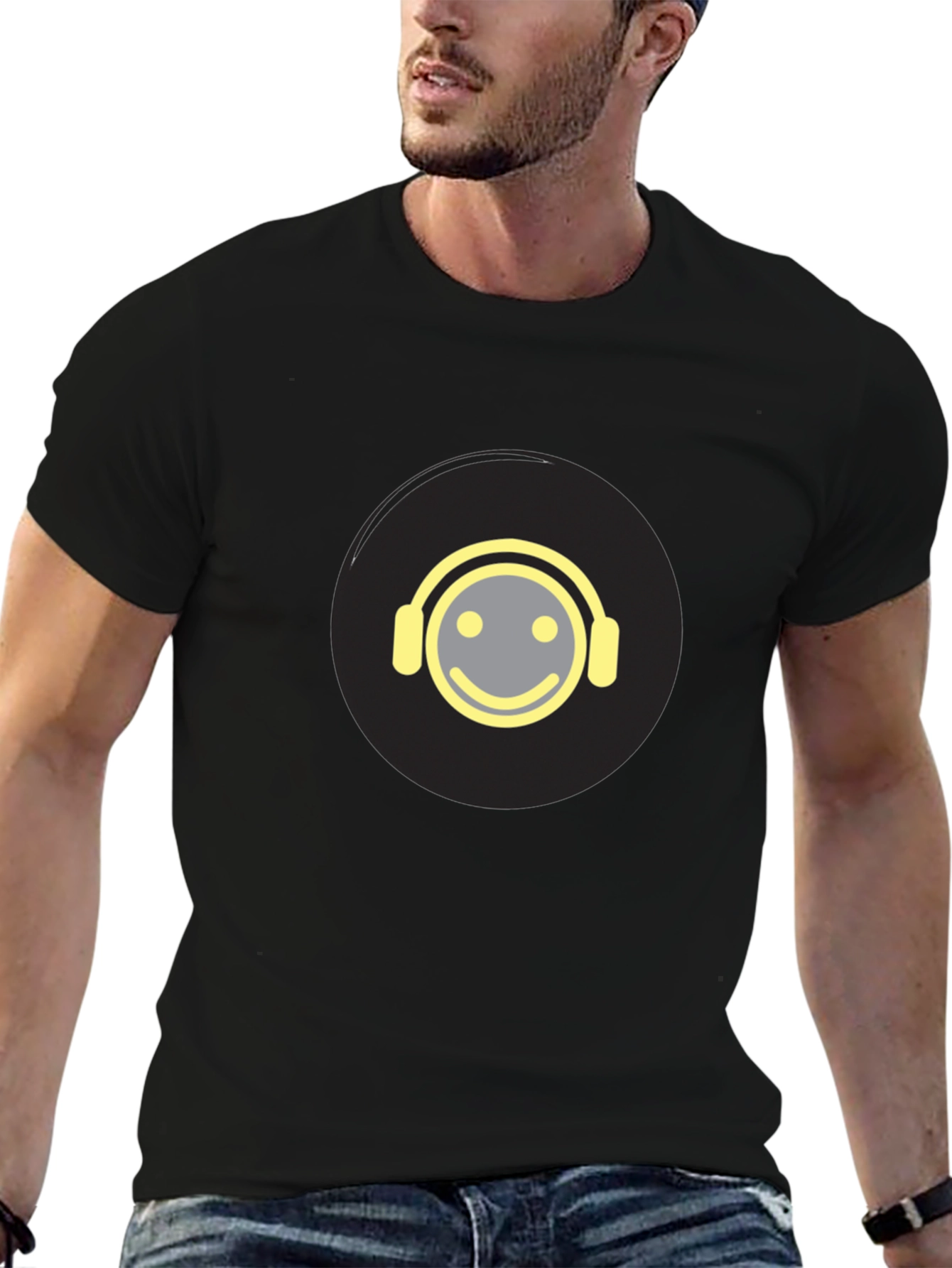 Smiley Face Headphones Graphic Tee - Black Cotton Blend