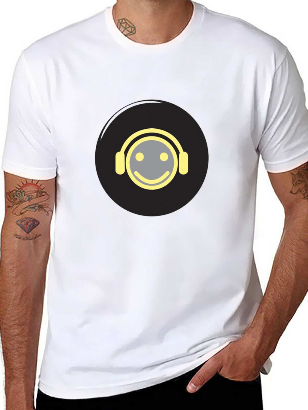Smiley Face Headphones Graphic Tee - Black Cotton Blend