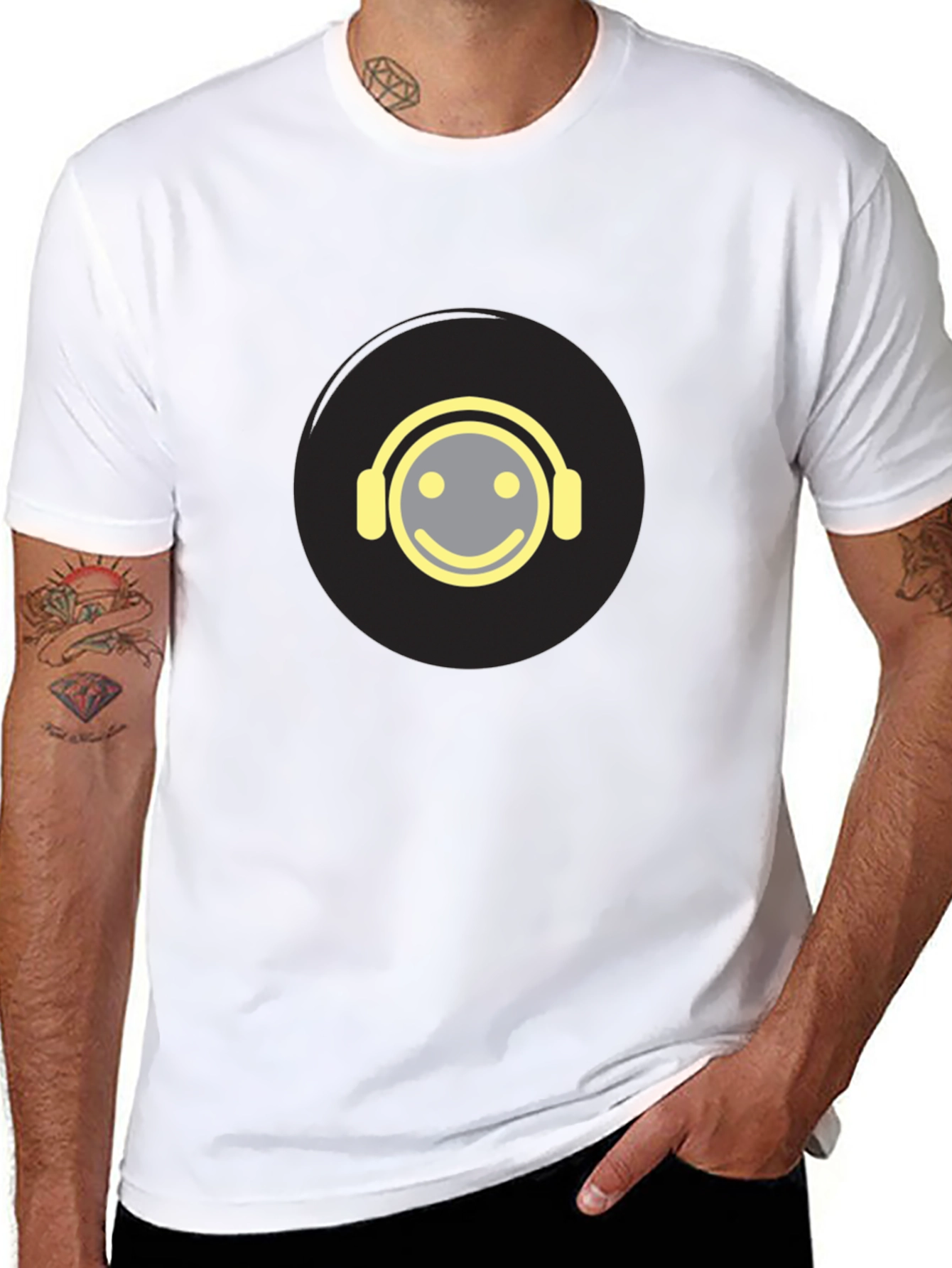 Smiley Face Headphones Graphic Tee - Black Cotton Blend
