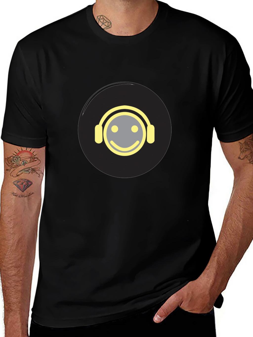 Smiley Face Headphones Graphic Tee - Black Cotton Blend