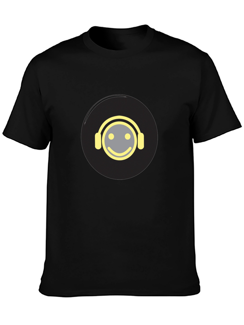Smiley Face Headphones Graphic Tee - Black Cotton Blend