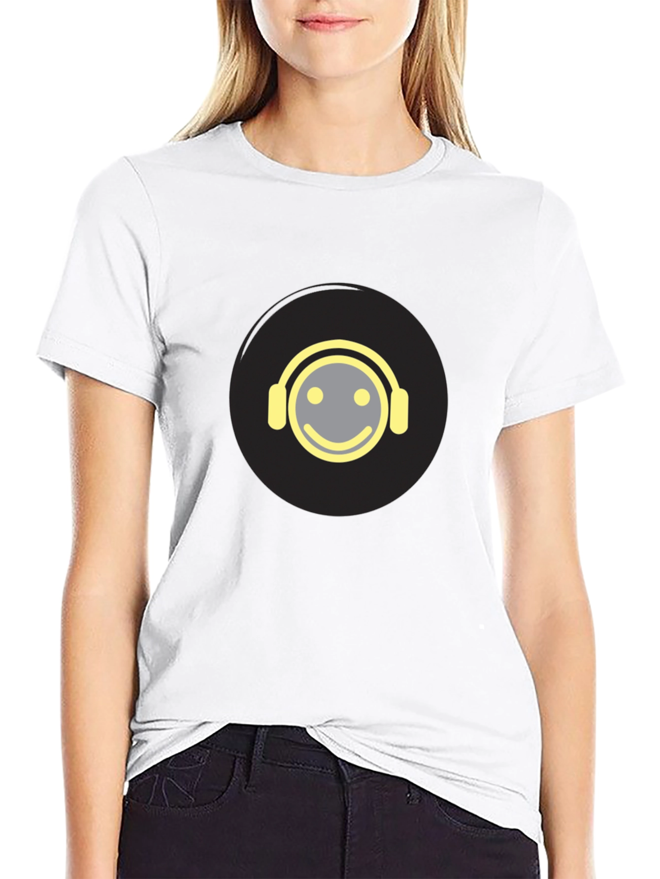 Smiley Face Headphones Graphic Tee - Black Cotton Blend